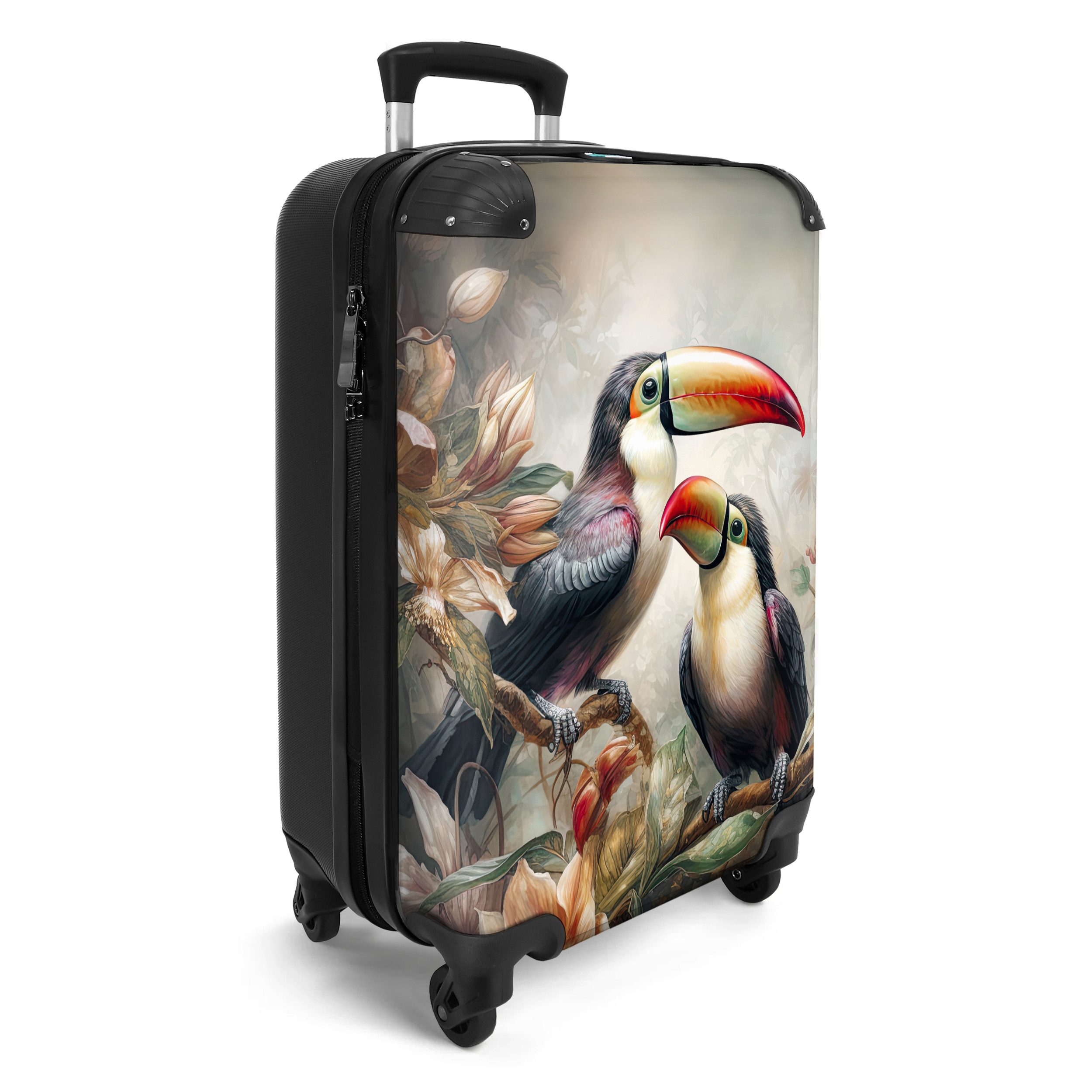 NoBoringSuitcases.com© Hartschalen-Trolley Tukan - Vögel - Blumen - Dschungel 55x35x20cm, 4 Rollen, Reisetasche mit Rollen, Koffer Handgepäck Flugzeug