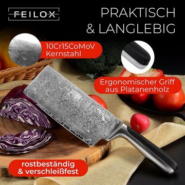 Feilox Damastmesser Japanisches Messer Extrascharf, 31 cm; Holzgriff, Design Made in Germany, Hackmesser, Kochmesser Profi Messer