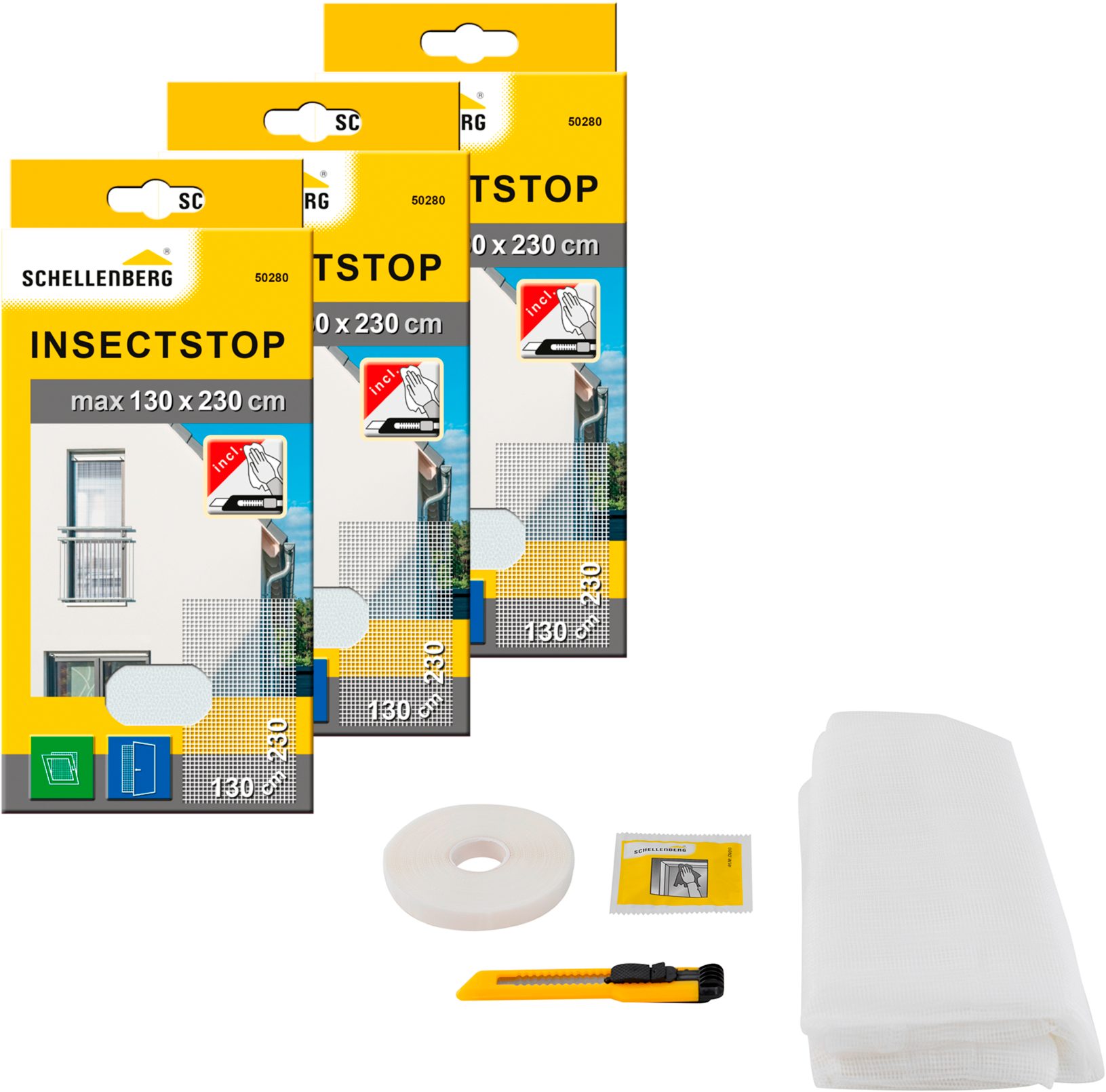 SCHELLENBERG Fliegengitter-Gewebe für bodentiefe Fenster und Türen, (Set, 3-St), Insektenschutz ohne bohren, 130 x 230 cm, weiß und anthrazit