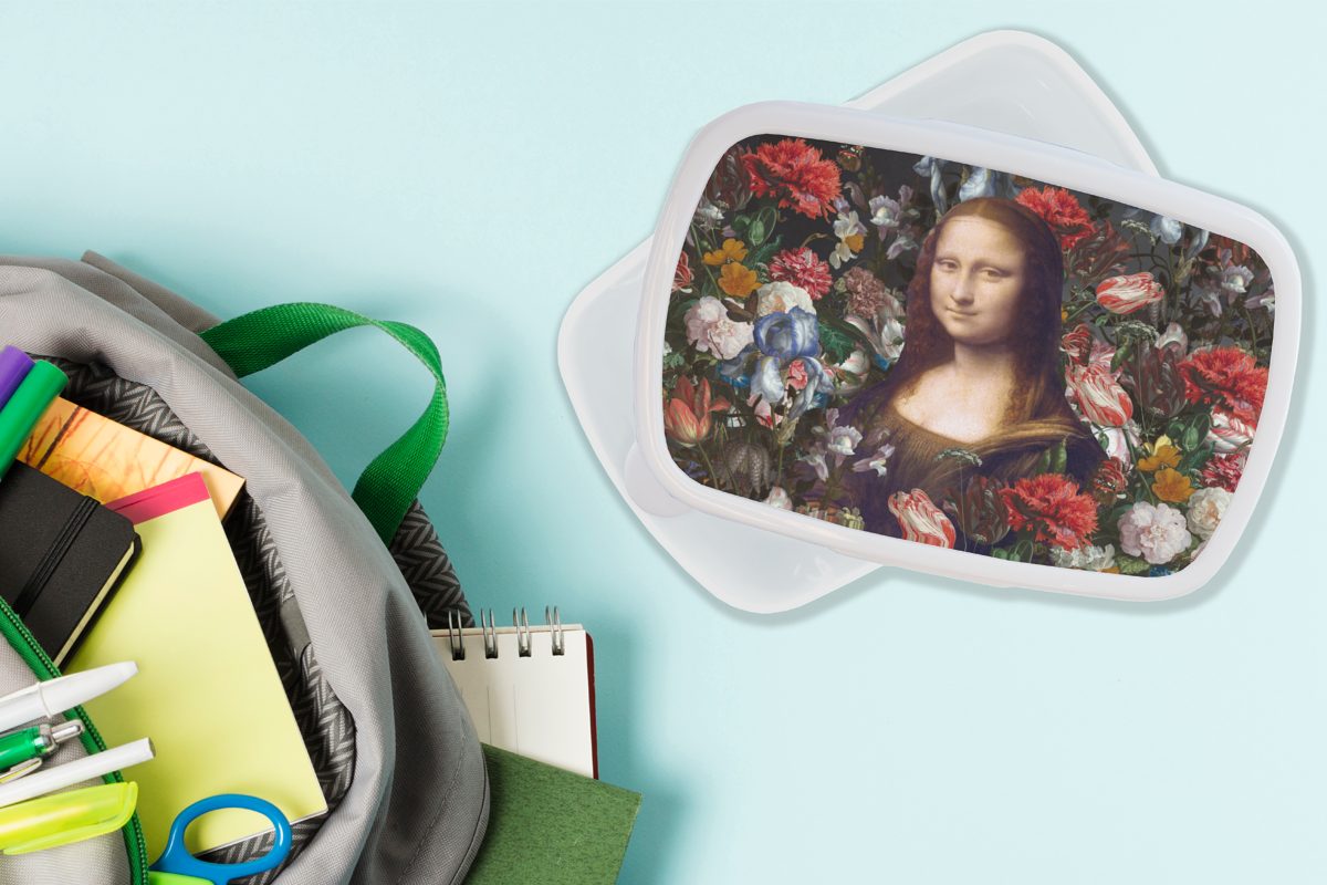 Lisa Kinder MuchoWow Erwachsene, Brotbox Kunststoff, - (2-tlg), Brotdose, für da Leonardo Lunchbox Mädchen weiß und für - Mona Vinci Blumen, und Jungs