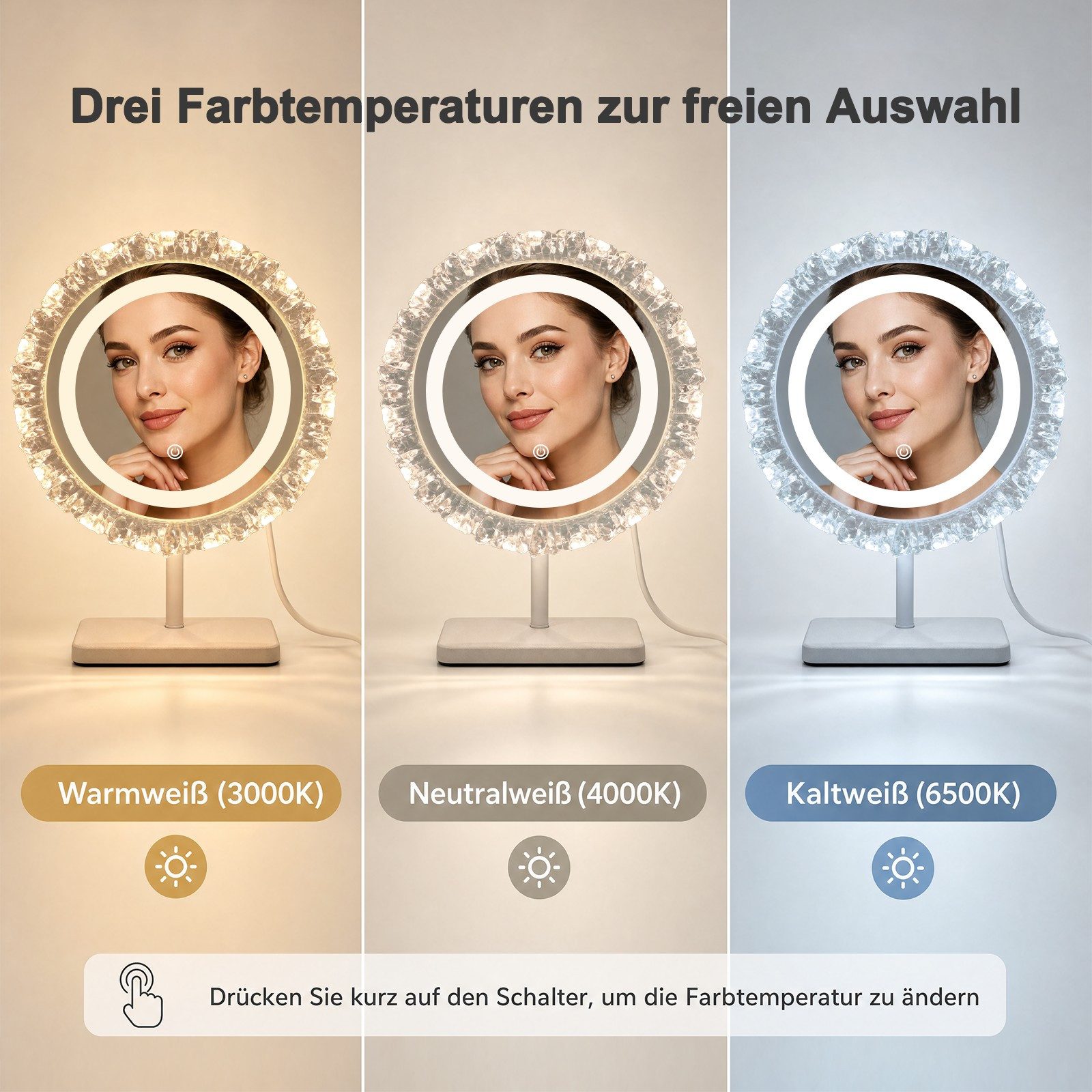 ZMH Schminkspiegel LED Rund Schminkspiegel mit Beleuchtung Hollywood Spiegel,30/40CM, Intelligente Touch-Steuerung mit Memory-Funktion