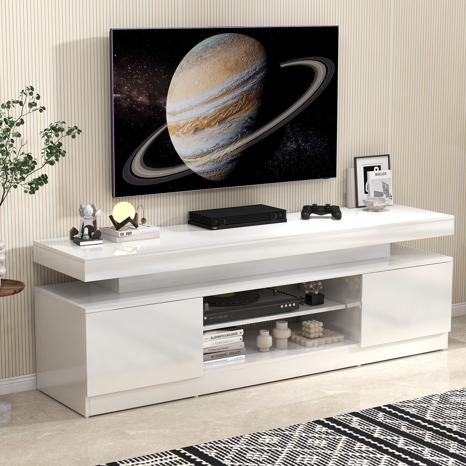Sunsitt TV-Schrank 160 cm TV-Schrank (Weiß TV-Board mit 2 Fach, TV-Regal für Fernseher bis zu 65 Zoll) TV Kommode für Wohnzimmer, Esszimmer, Schlafzimmer, Weiß