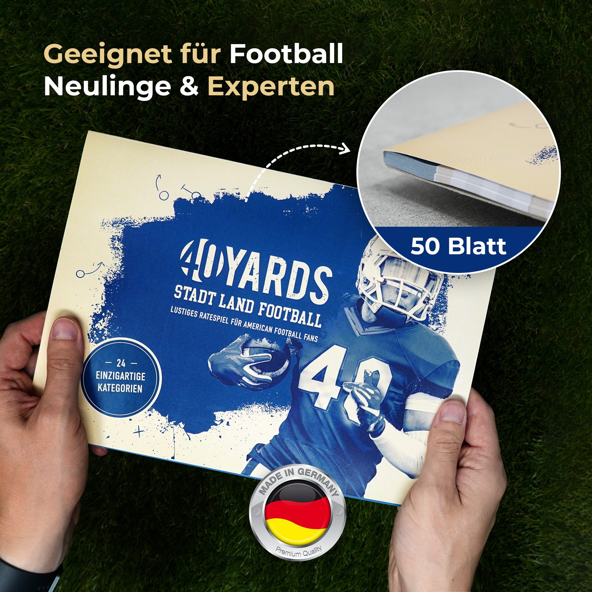 40YARDS Spiel Stadt Land Football: American Football Quiz (DIN A4 Block; 50 Blatt), Gesellschaftsspiel, Made in Germany