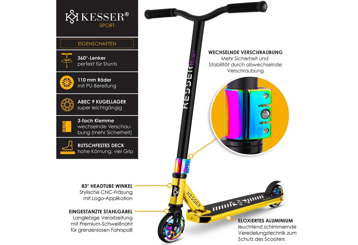 Thumbnail - KESSER Scooter, Stunt Scooter X-Limit-Pro 360° Lenkung Funscooter Stuntscooter