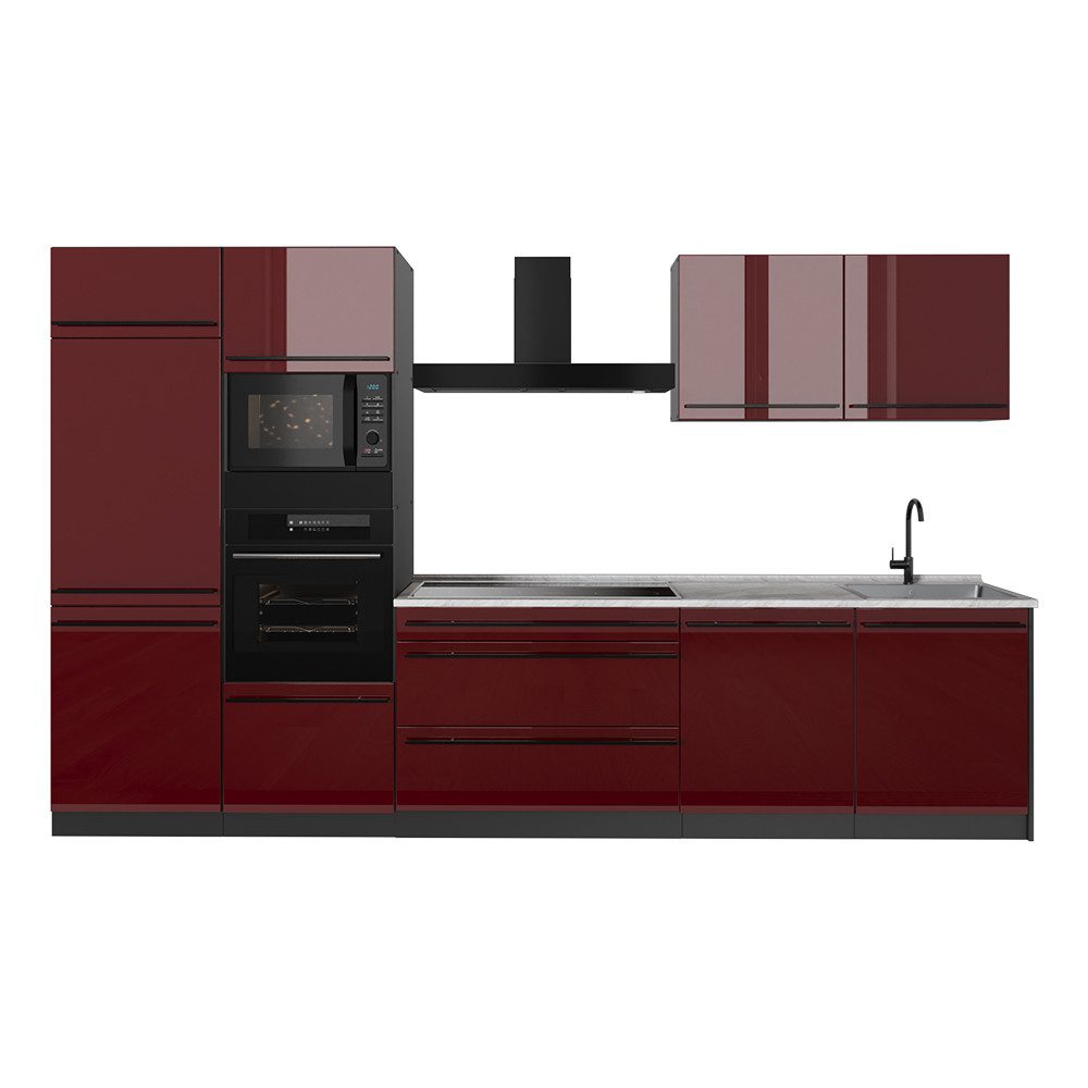 Vicco Küchenzeile R-Line, Rot Hochglanz/Anthrazit, 340 cm Arbeitsplatte Marmor