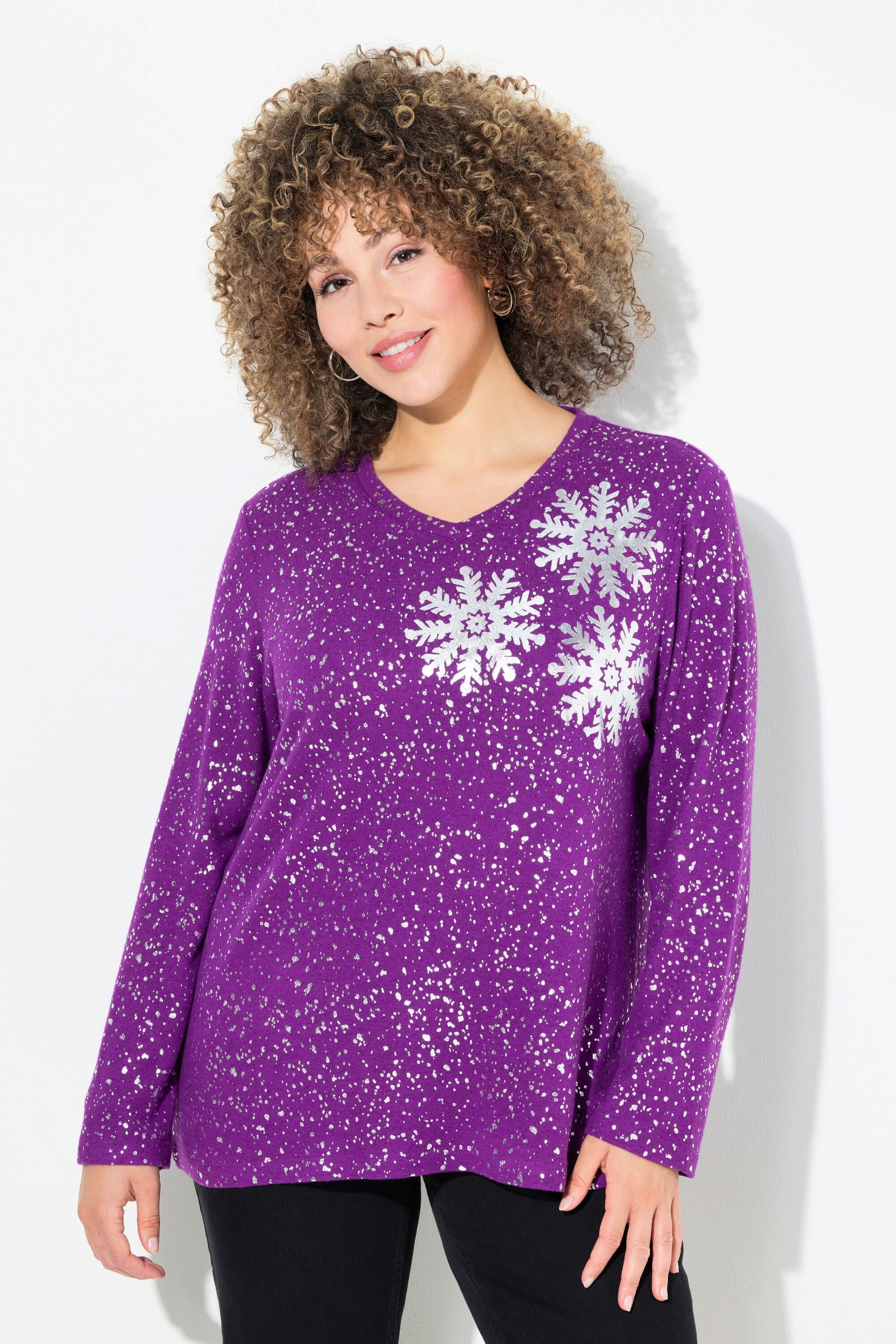 Ulla Popken Sweatshirt Sweatshirt Schneeflocken V-Ausschnitt Langarm