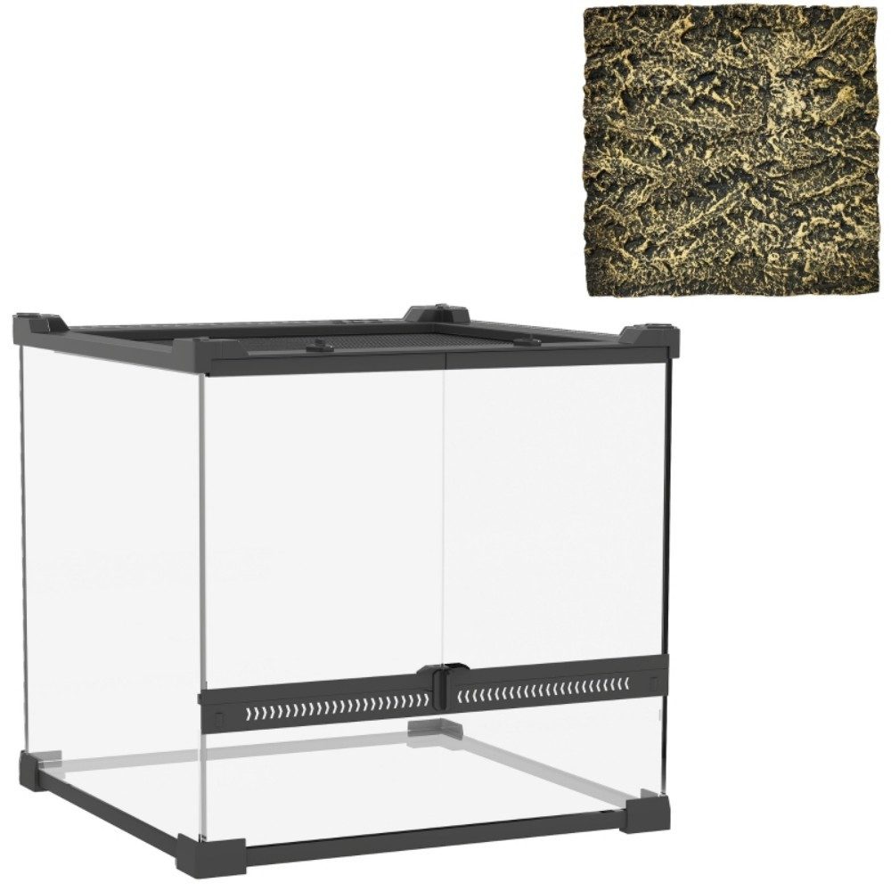 LVHOM Terrarium Glas mit abnehmbarer Steinrückwand, wasserdichtem Boden, 30x30x30 cm, bodenheizungskompatibel, optimale Belüftung, Drehknopfverschlüsse