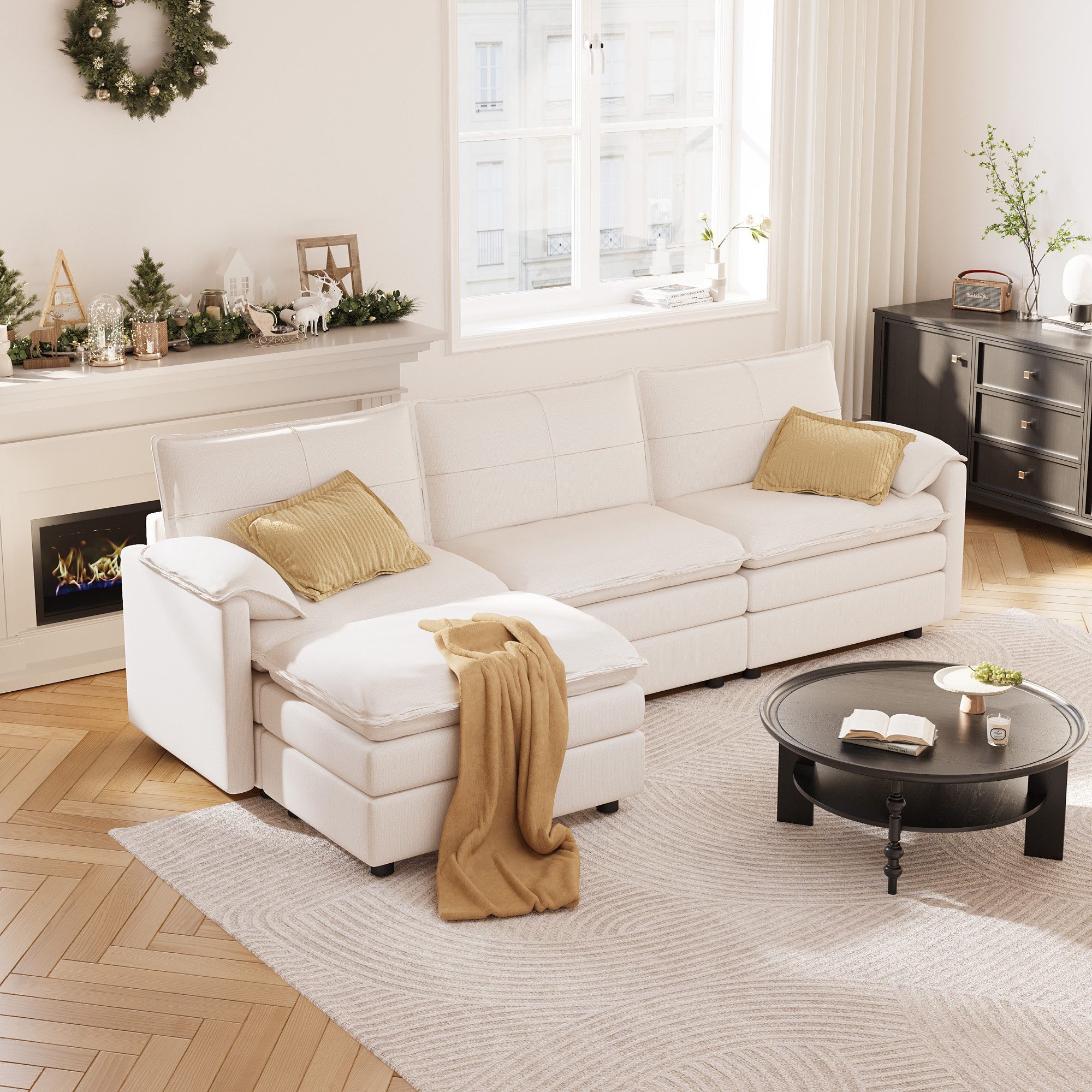 FLEXISPOT Ecksofa 4-Sitzer Sofa Sofabed mit Hocker & Stauraum, L-förmiges Ecksofa, Modulares Sofa platzsparend für Wohnzimmer Weiß