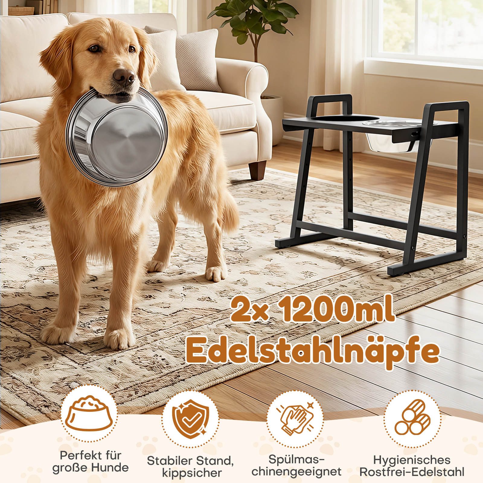 Yorbay Futternapf Hundenapf-Ständer höhenverstellbar, Edelstahl, 4-fach verstellbar, sicherer Stand, schwarz, 2X 1200ml Edelstahlnäpfen