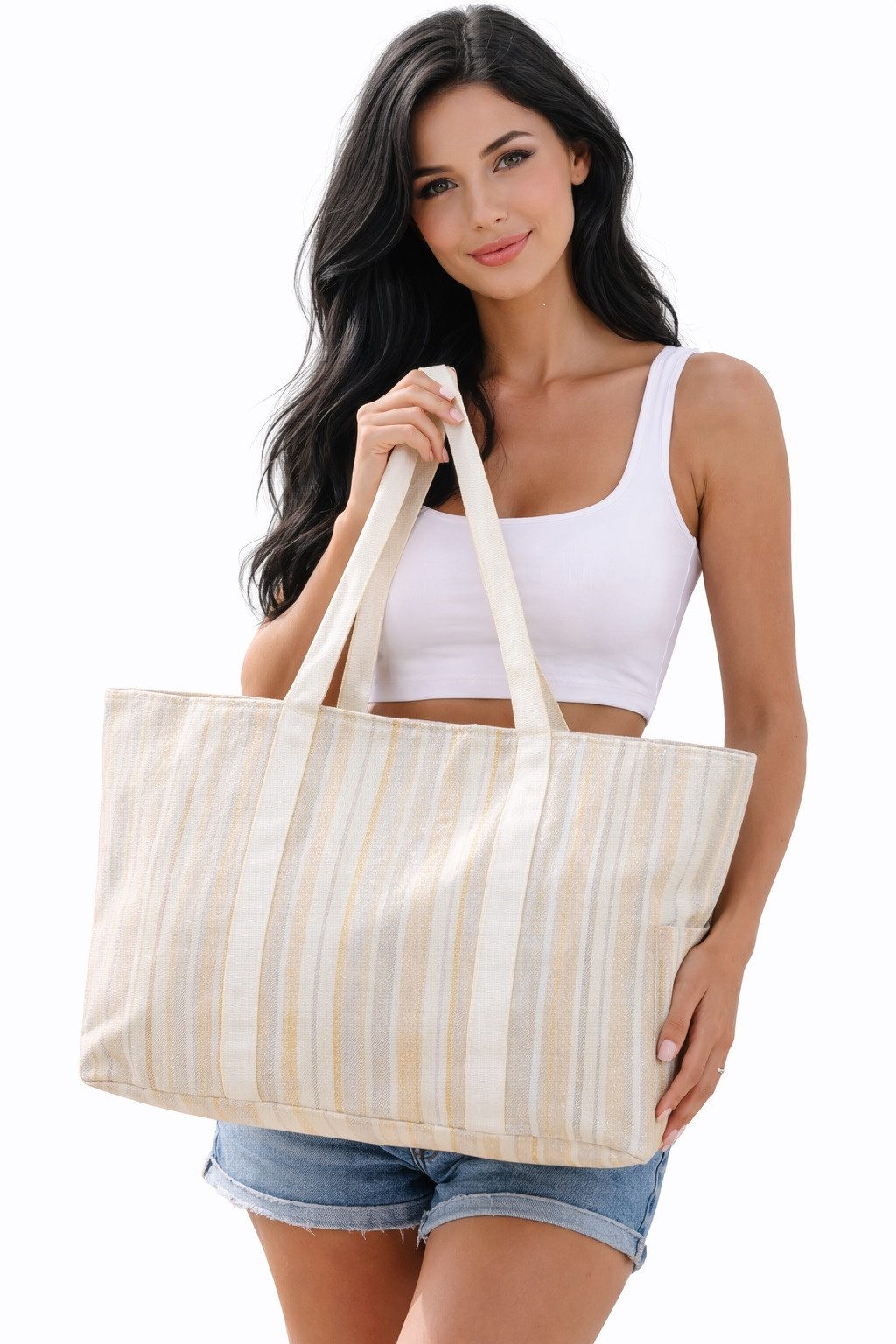 Antonio Shopper XXL Shopping & Beach Bag Strandtasche Glitzer Silber Gestreift