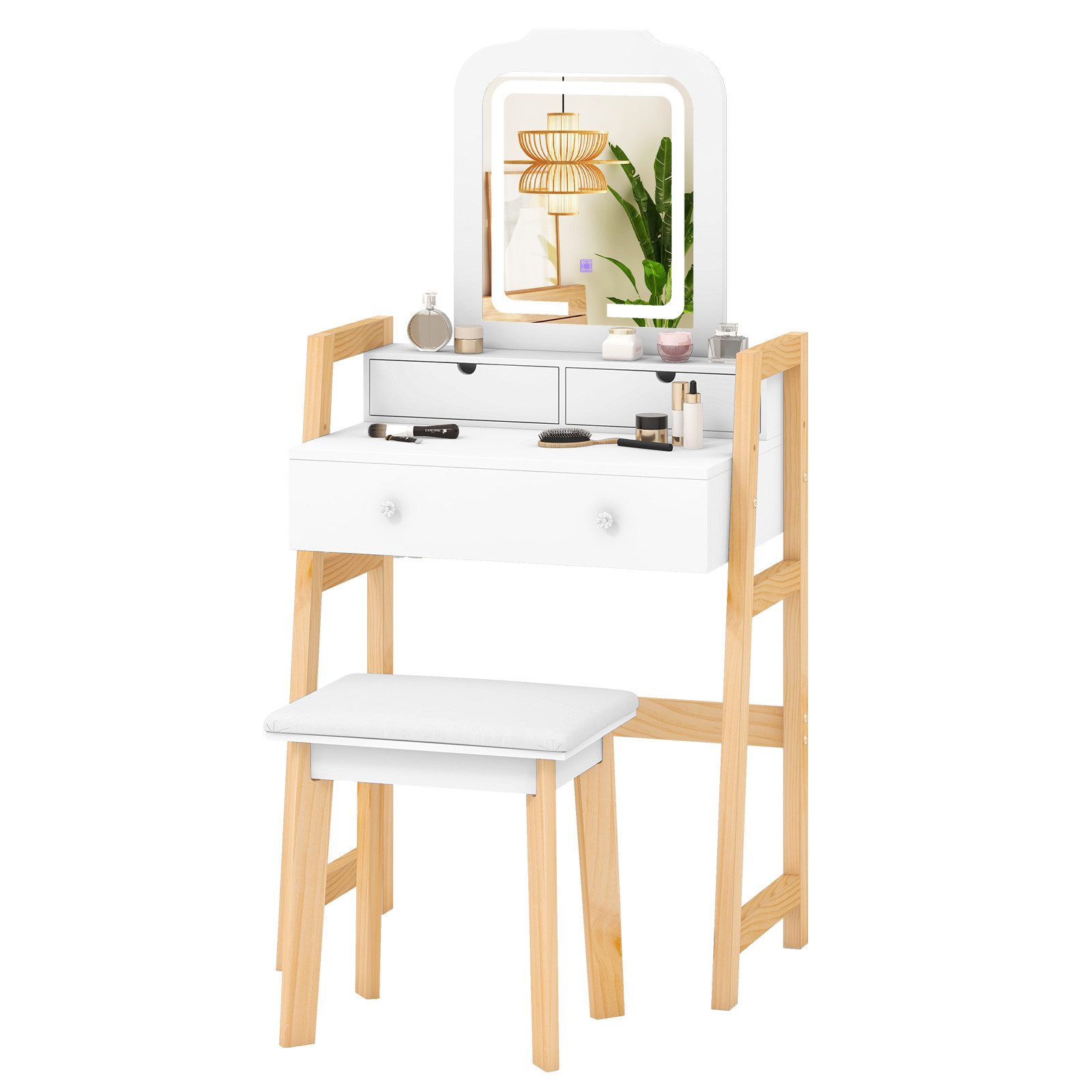 COSTWAY Schminktisch mit Hocker und LED, 3 Schubladen, höhenverstellbar, weiß