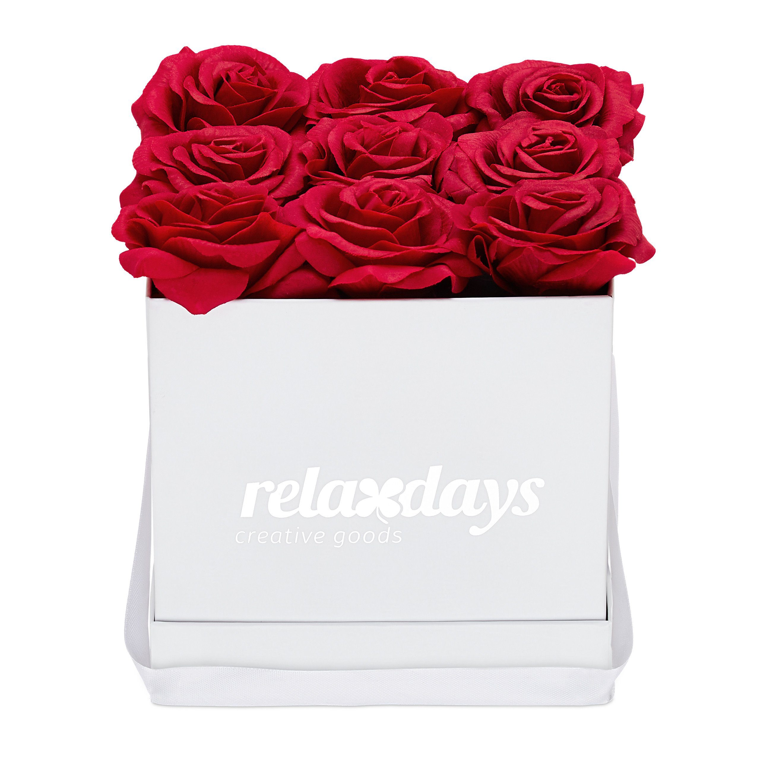 Künstliche Zimmerpflanze Weiße Rosenbox eckig mit 9 Rosen, relaxdays, Höhe  18 cm, Rot