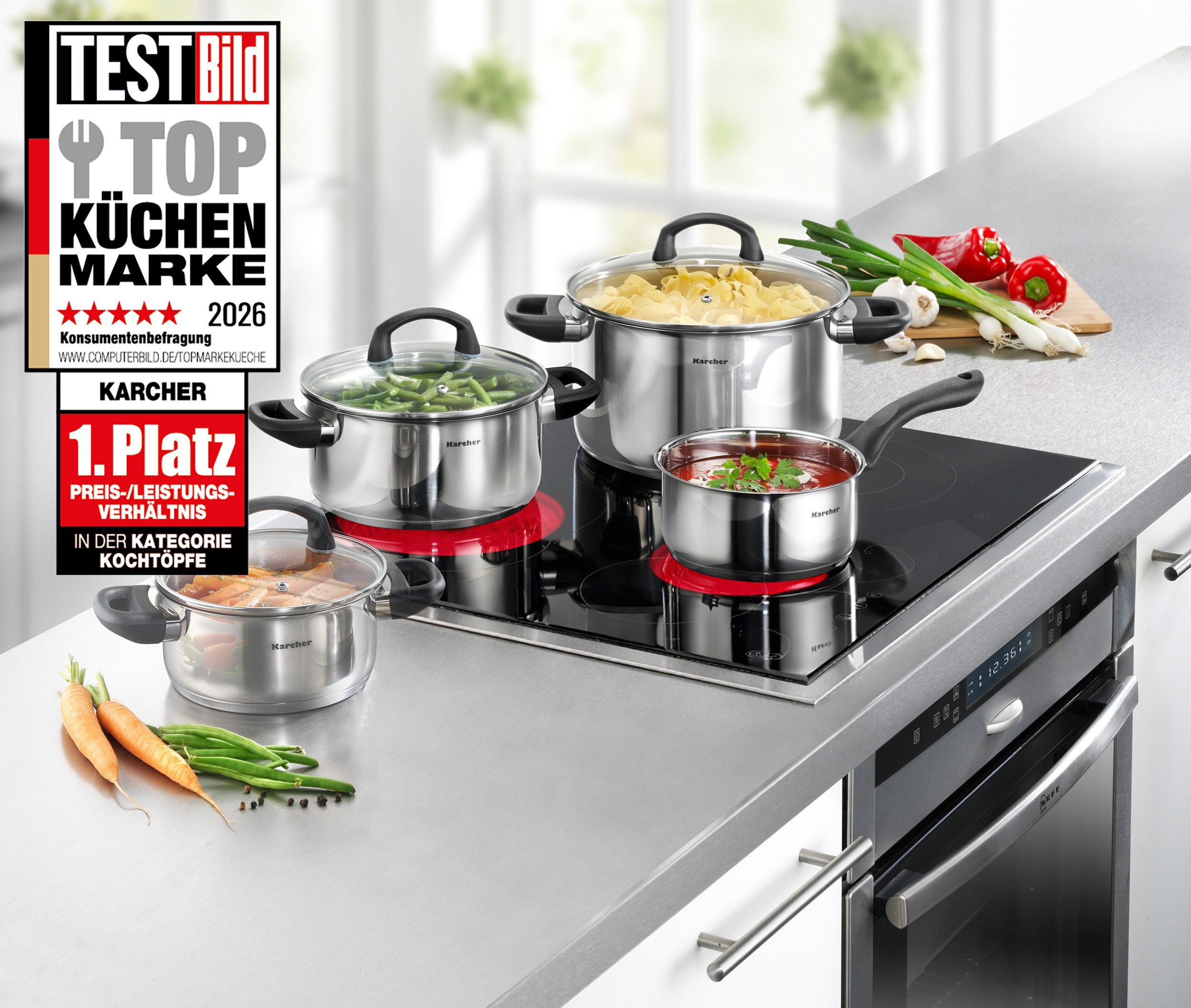 Karcher Topf-Set Mia 4-teilig, Edelstahl (4-tlg), inkl. 3 Glasdeckel, Kochtopfset Induktion