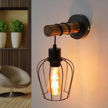 ZMH Wandleuchte Retro Wandleuchte Holz Innen Wandlampe Vintage mit Schalter E27, LED wechselbar, Schwarz Metall Wandspot Rustikal für Schlafzimmer