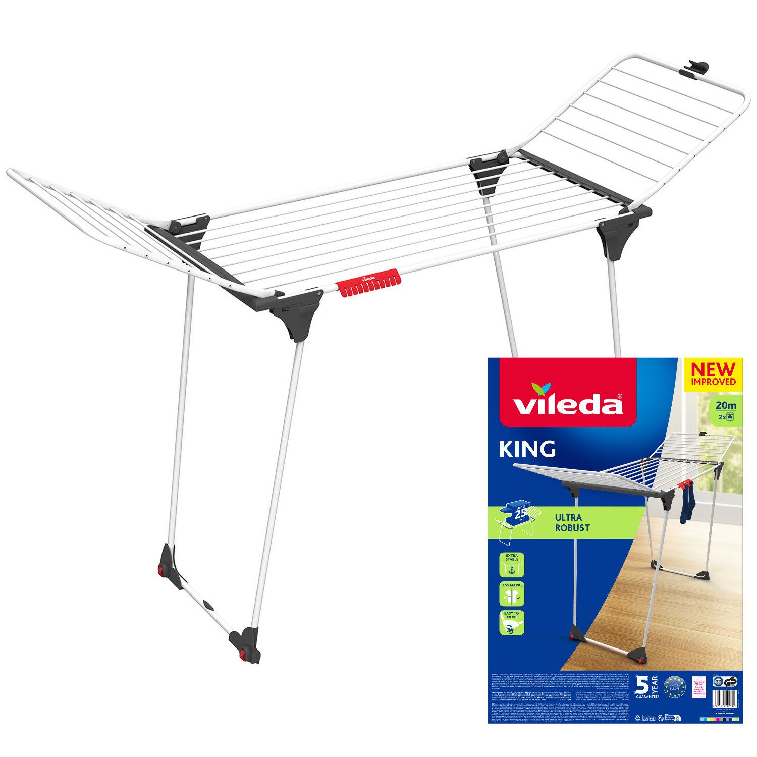 Vileda Wäscheständer King, 20 m Leinenlänge, Wäschetrockner mit dicken Aluminiumstangen