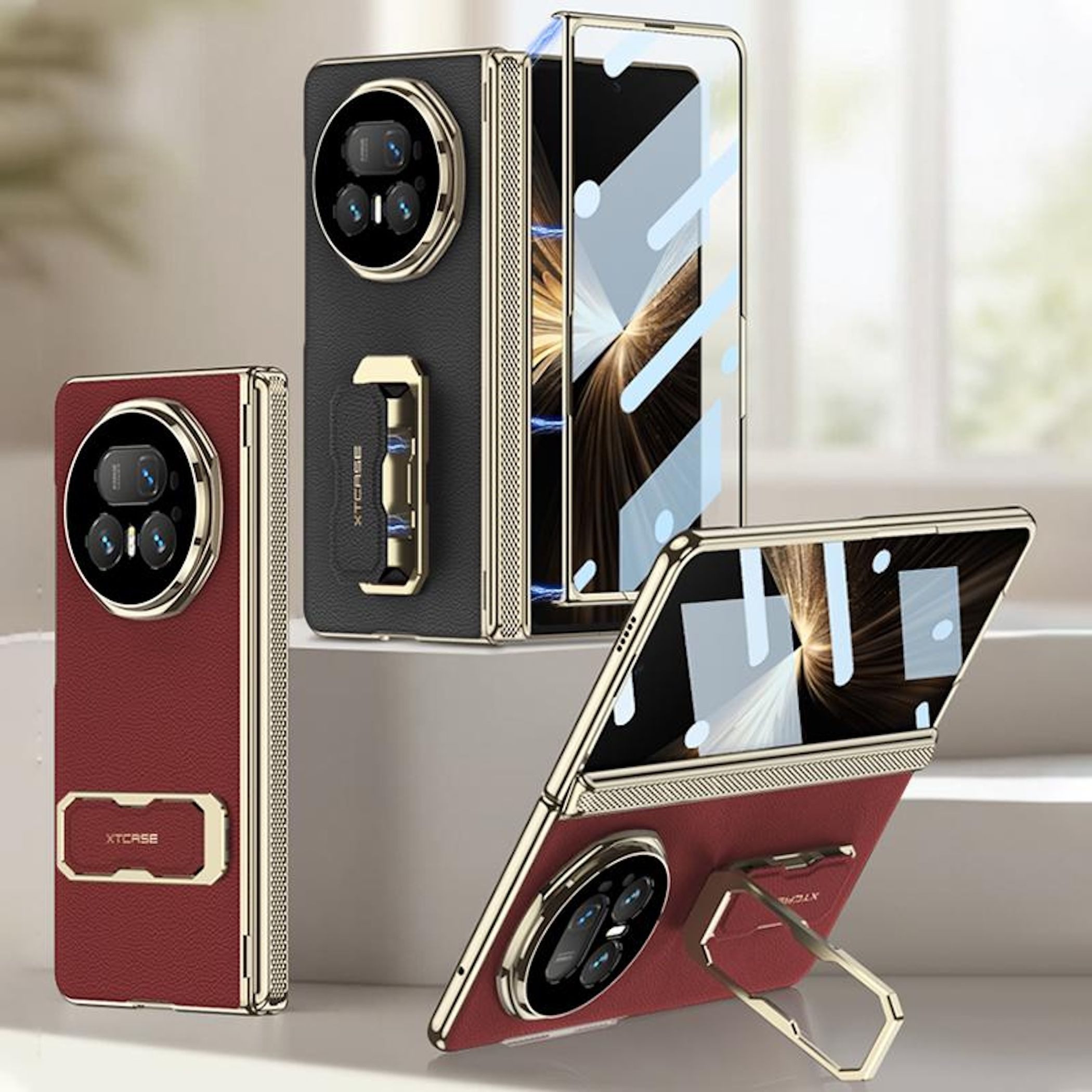 Wigento Handyhülle Für Honor Magic V5 Kunstleder Scharnier Hülle mit Handschlaufe Rot, Scharnierschutz, integrierter Displayschutz, Handschlaufe