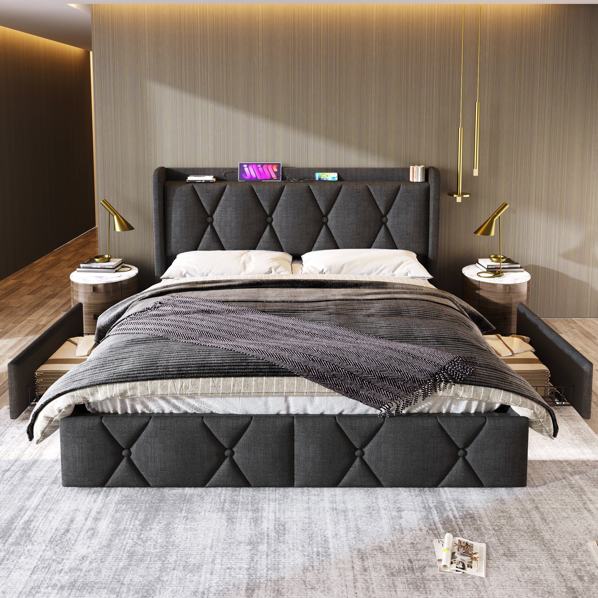 Polsterbett (Doppelbett Stauraumbett 160x200cm mit Lattenrost), mit Steckdose & USB Ladefunktion Kopfteil und 4 Schubladen, Leinen