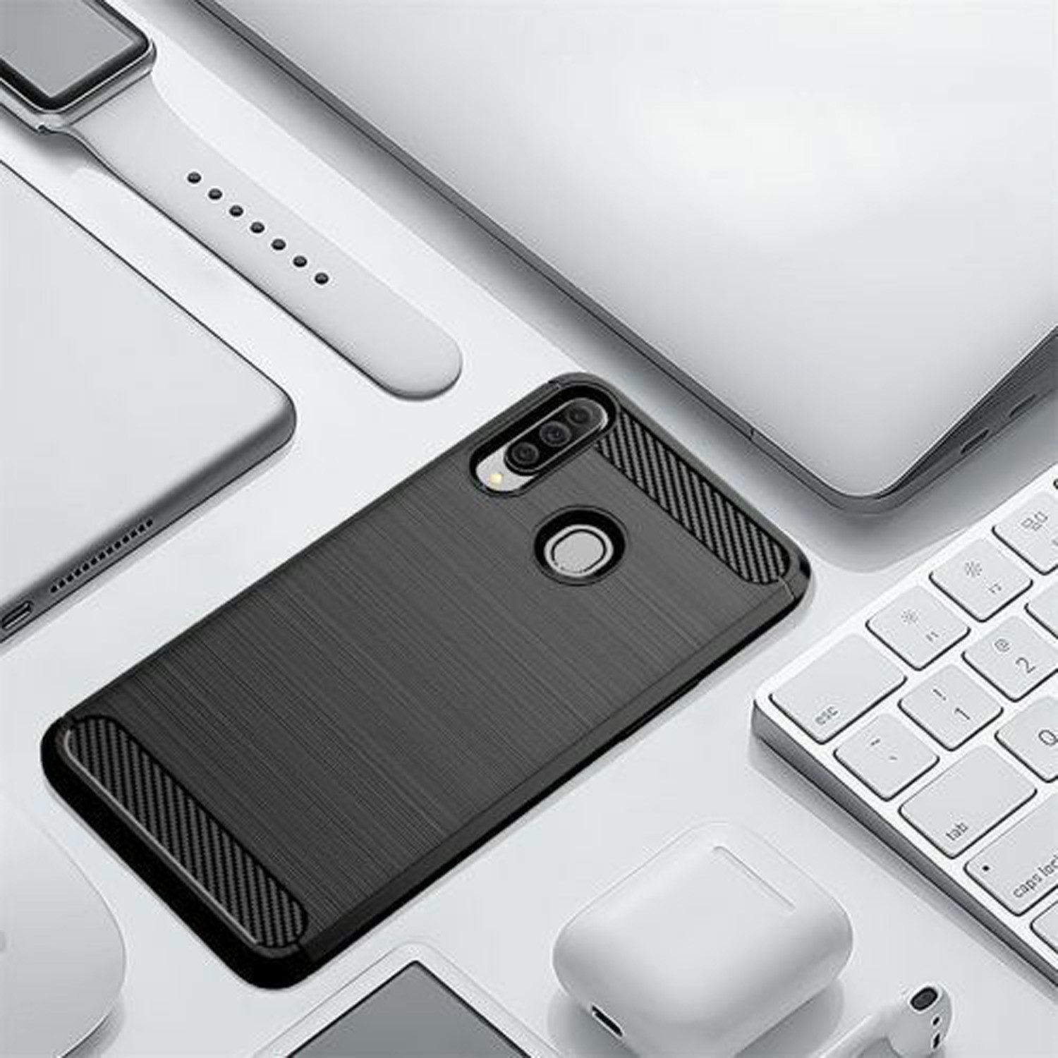 betterfon Handyhülle Carbon Hülle für Samsung Galaxy A20s Backcover TPU Silikon Schwarz, Carbon-Look – stoßfestes Case mit Air-Cushion & Metall-Optik