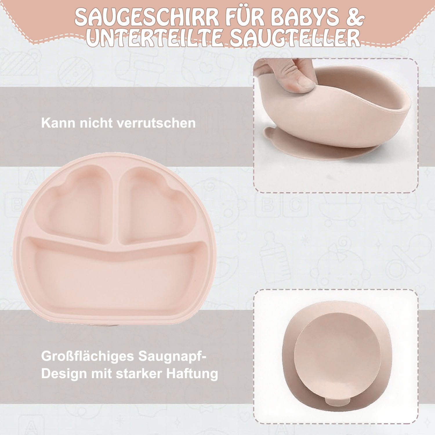 AIMAX Kindergeschirr-Set 9er Baby Geschirrset Set Kindergeschirr Babylöffel Trinklernbecher, Silikon Lätzchen Baby Teller Kinderteller mit Saugnapf