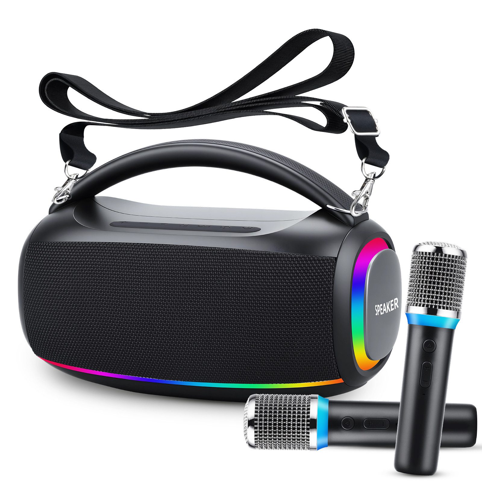 CkeyiN Pro Portable Lautsprecher,mit 2 Mikrofonen,tragbarer Lautsprecher Bluetooth-Lautsprecher RCA/TF/USB/AUX (Bluetooth 5.3, 60 W, 7200 mAh,mit abnehmbarem Schultergurt,für Zuhause/Party)