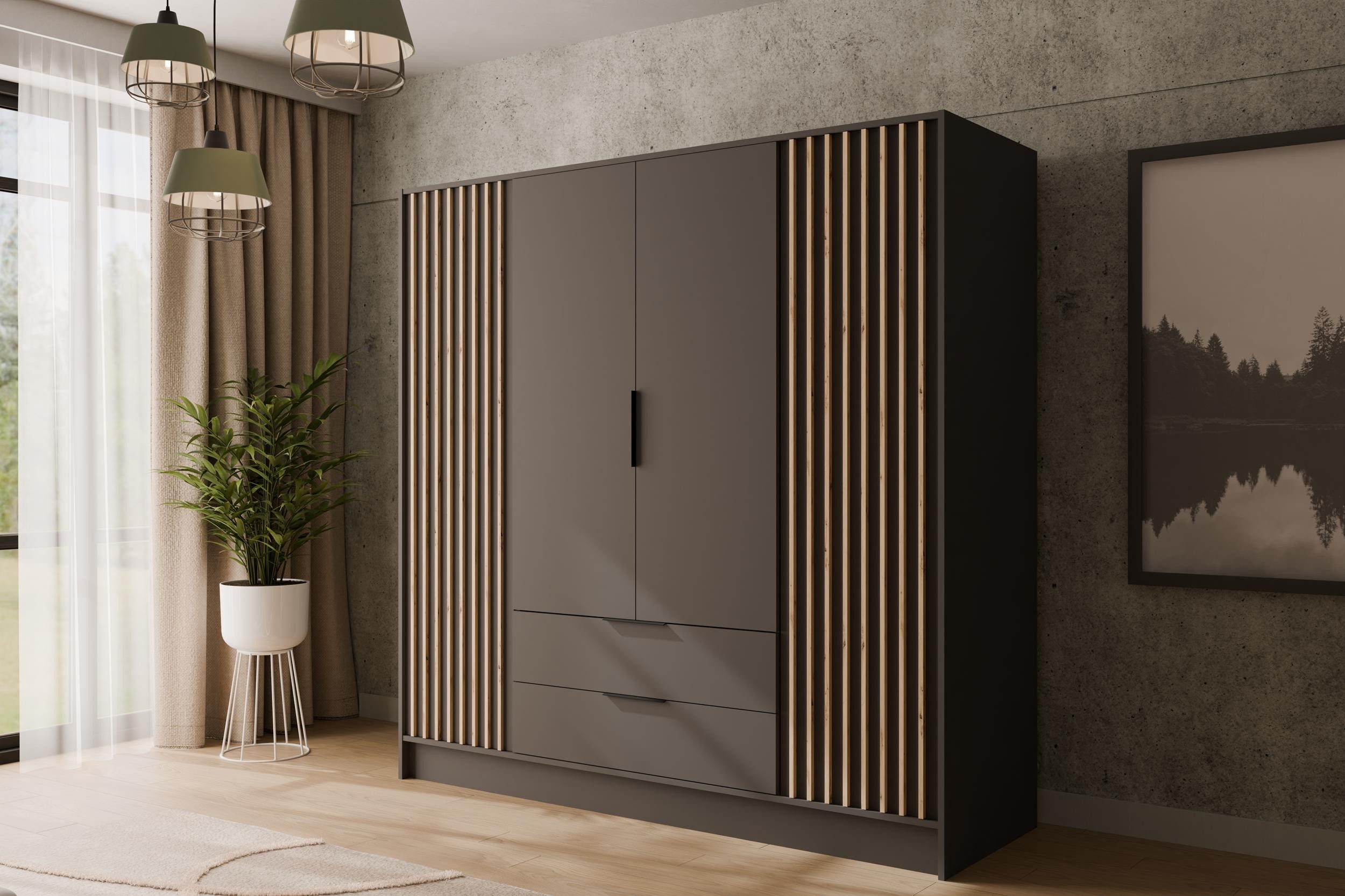 ALTDECOR Drehtürenschrank NELIA (Kleiderschrank Garderobenschrank mit viel Stauraum, Moderner Schrank) Vielseitiger Drehtürenschrank mit Spiegeltüren Spiegel Lamellen