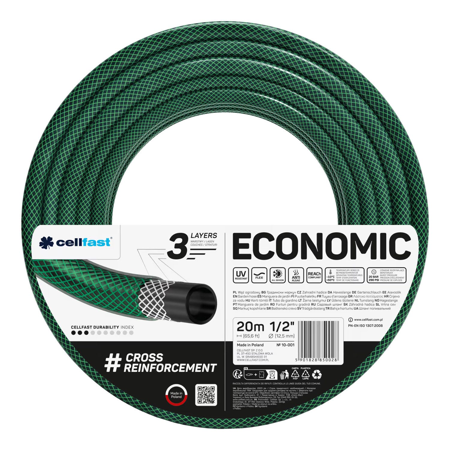 Cellfast Gartenschlauch Economic-Schlauch 1/2'' 20 m mit Aufhänger und Sprühkopf, Set mit Basic Geradstrahl-Sprinkler 1/2"