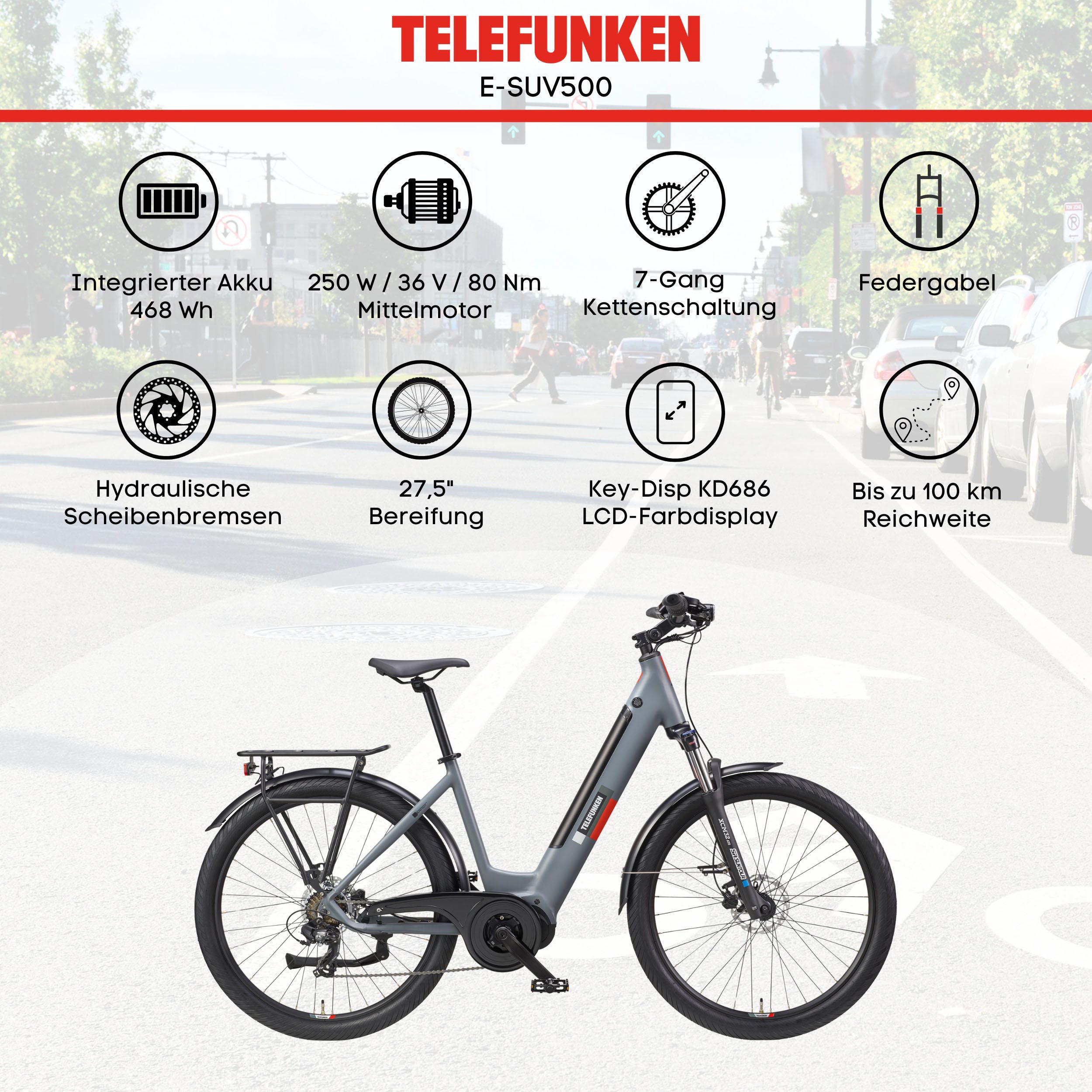 Telefunken E-Bike Cityrad SUV500, 7 Gang Shimano, Kettenschaltung, Mittelmotor, 468 Wh, (27,5 Zoll, Straßenzulassung, Scheibenbremsen), Pedelec, Elektrofahrrad  – Bild 5 von 5