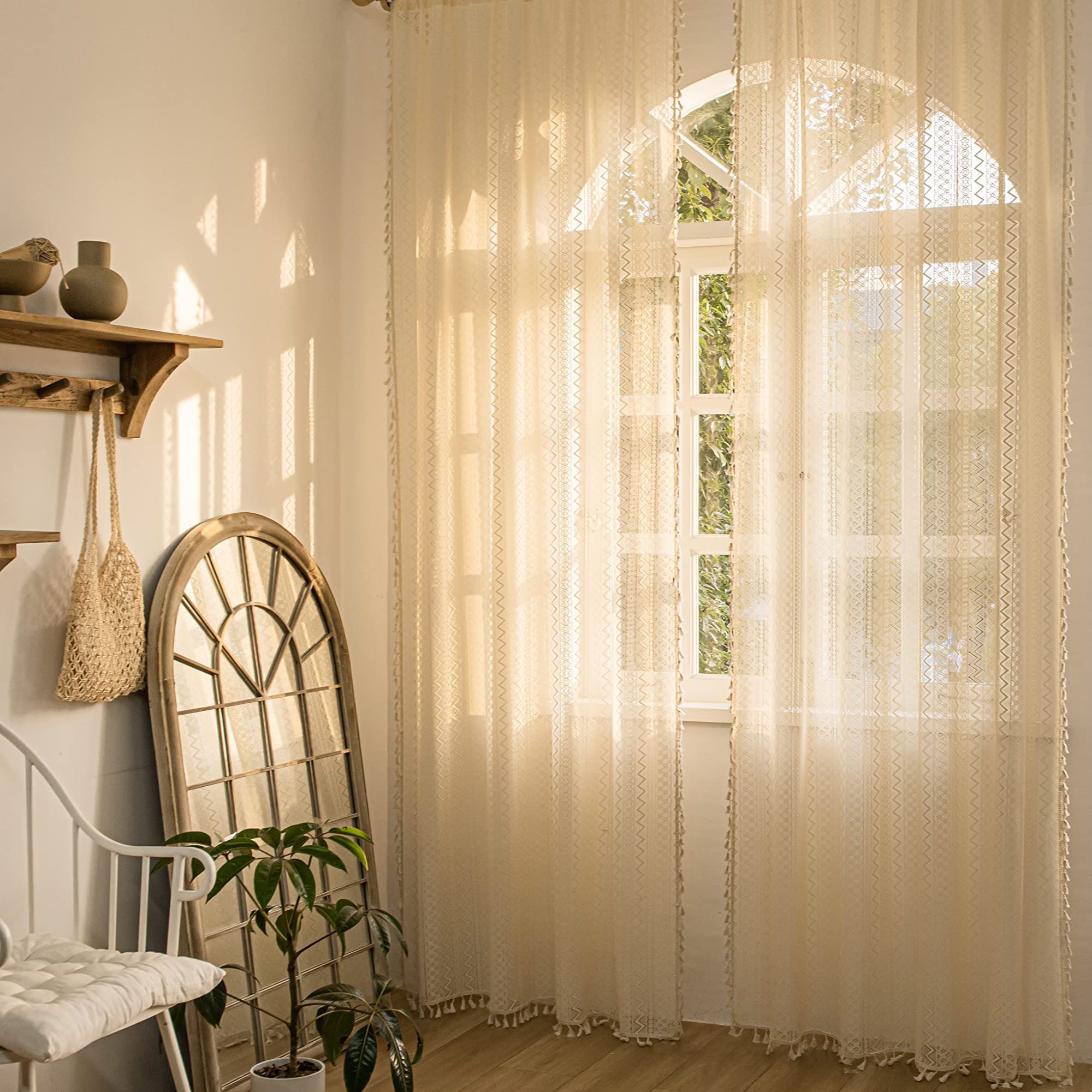 Agger Gardine Vintage-Häkelspitzen-Gardine, Boho-Fransen-Vorhang, Wellenförmiger Ösenvorhang aus Voile für Wohnzimmer und Schlafzimmer – Bild 3 von 5