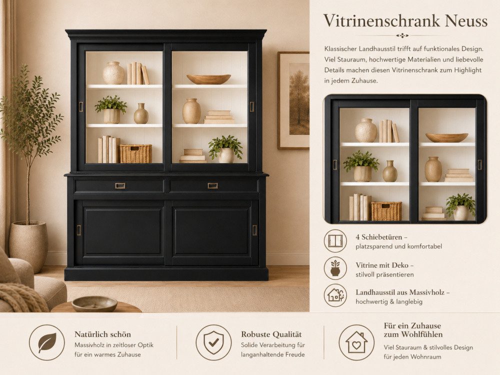 Wohnpalast Vitrine Landhaus Vitrinenschrank Neuss 150 cm Schwarz -Weiß Buffetschrank