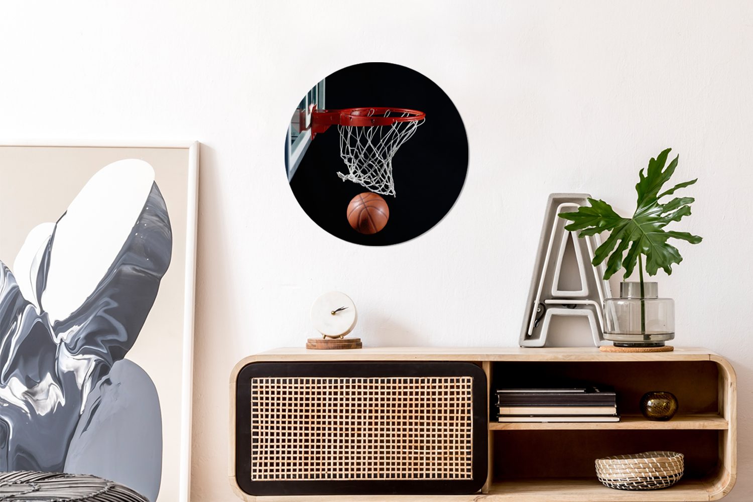 dem schwarzem Kreis Wandbild, 30x30 neben MuchoWow Ein Korb (1 Rundes auf Wohnzimmer, cm St), Hintergrund, Forex, Wanddekoration Basketball Gemälde