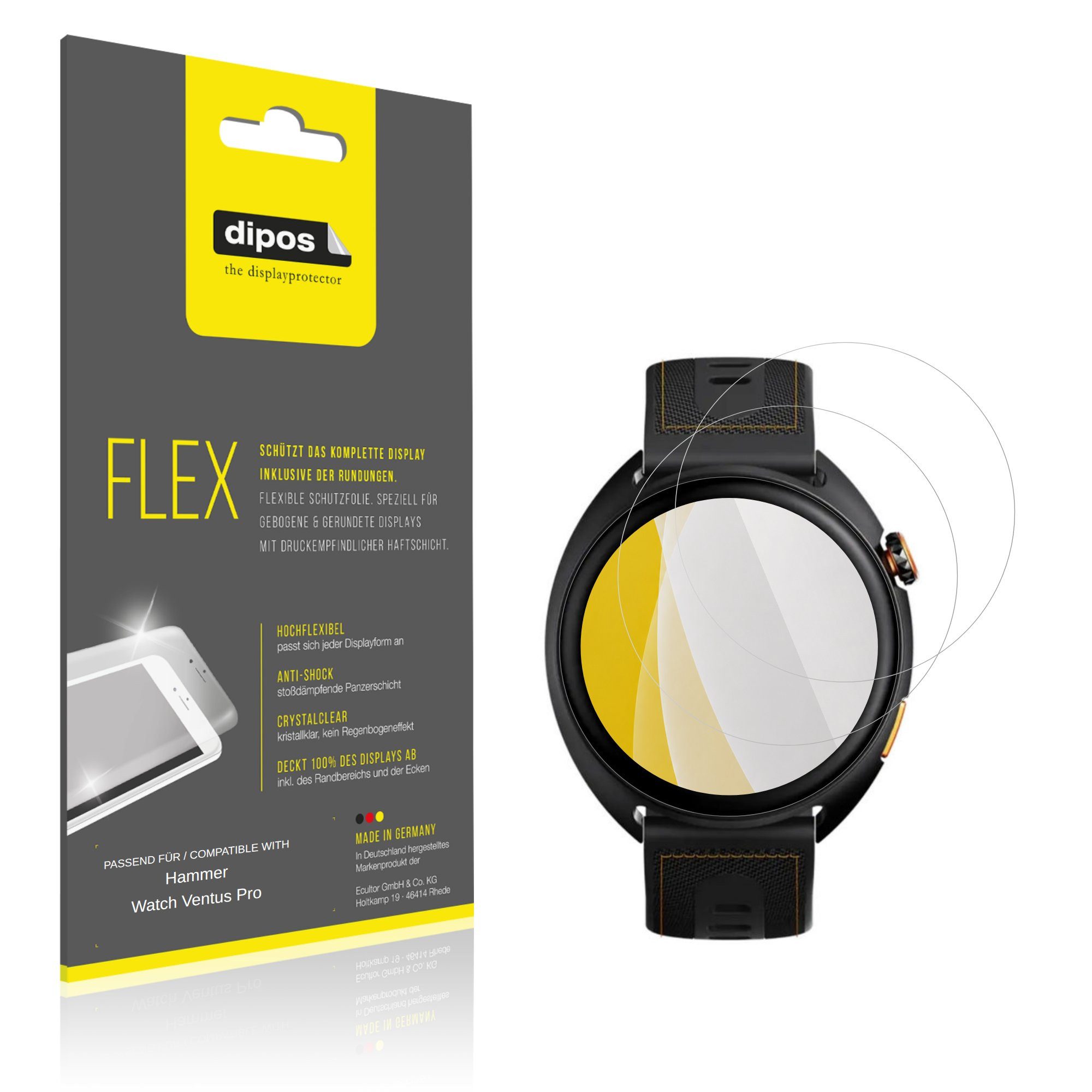 dipos Displayschutzfolie Schutzfolie für Hammer Watch Ventus Pro, 2 Stück, Displayschutz Schutz Folie Made in Germany