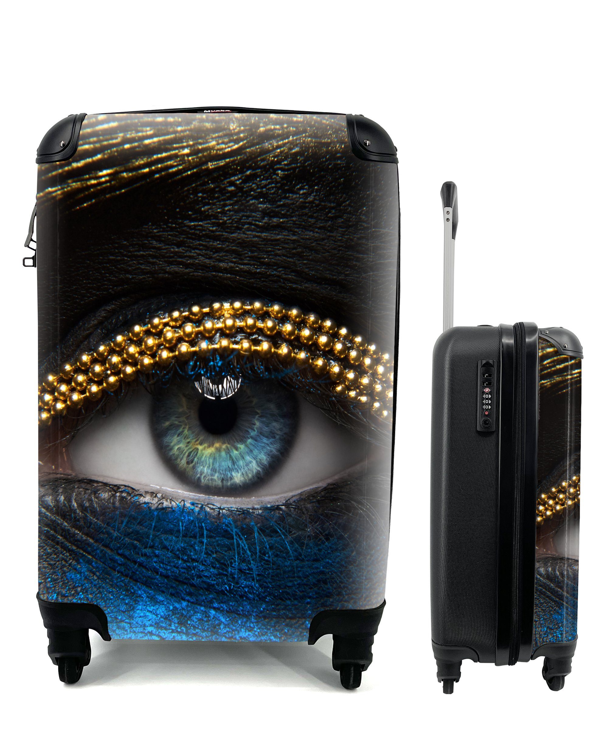 MuchoWow Handgepäckkoffer Frau - Augen - Make-up - Luxus - Gold, 4 Rollen, Reisetasche mit rollen, Handgepäck für Ferien, Trolley, Reisekoffer