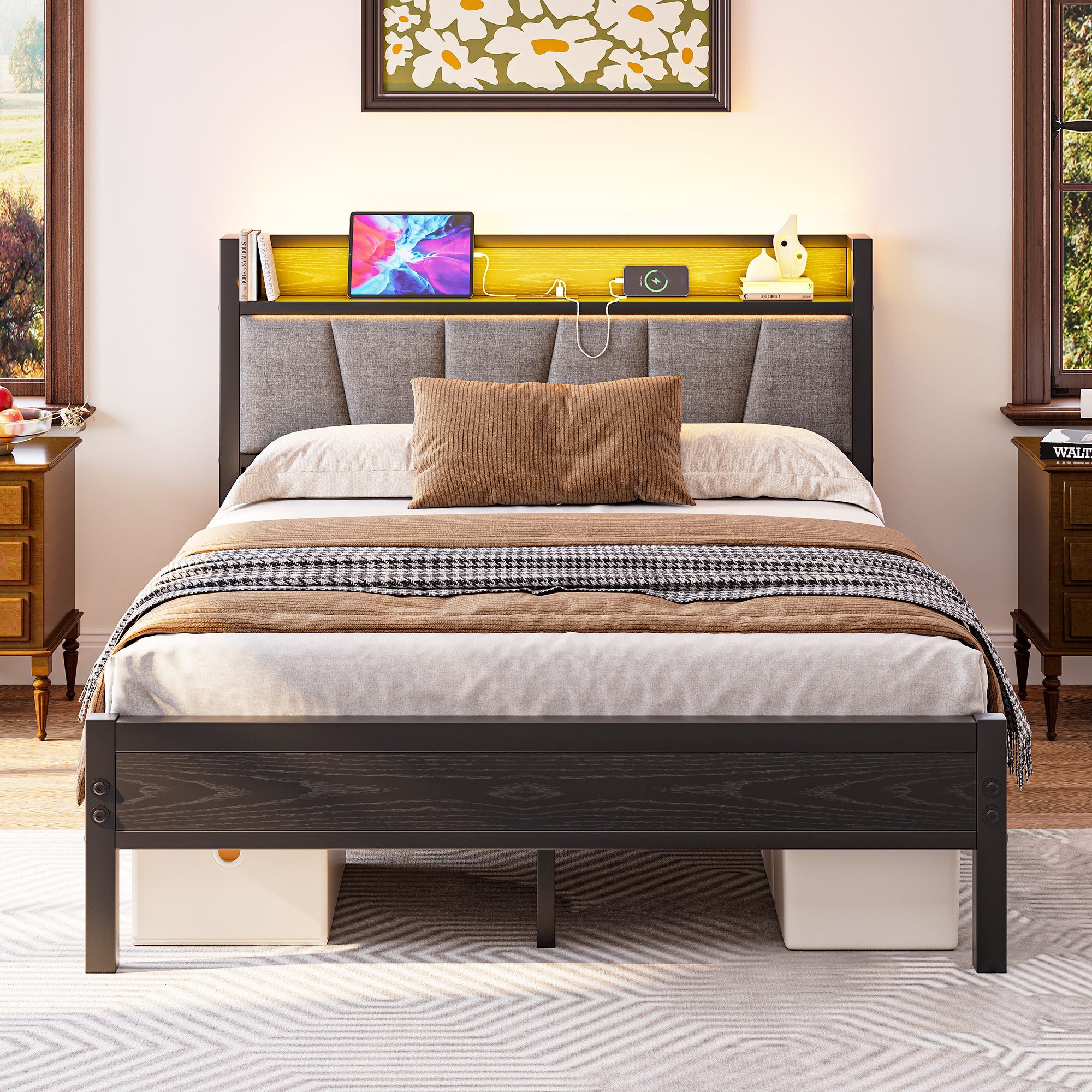 HOMERECOMMEND Metallbett mit 2 USB-Anschlüssen und LED Beleuchtung (1-tlg., Ohne Matratze), Jugendbett Bettgestell 140 x 200 cm – Bild 4 von 5