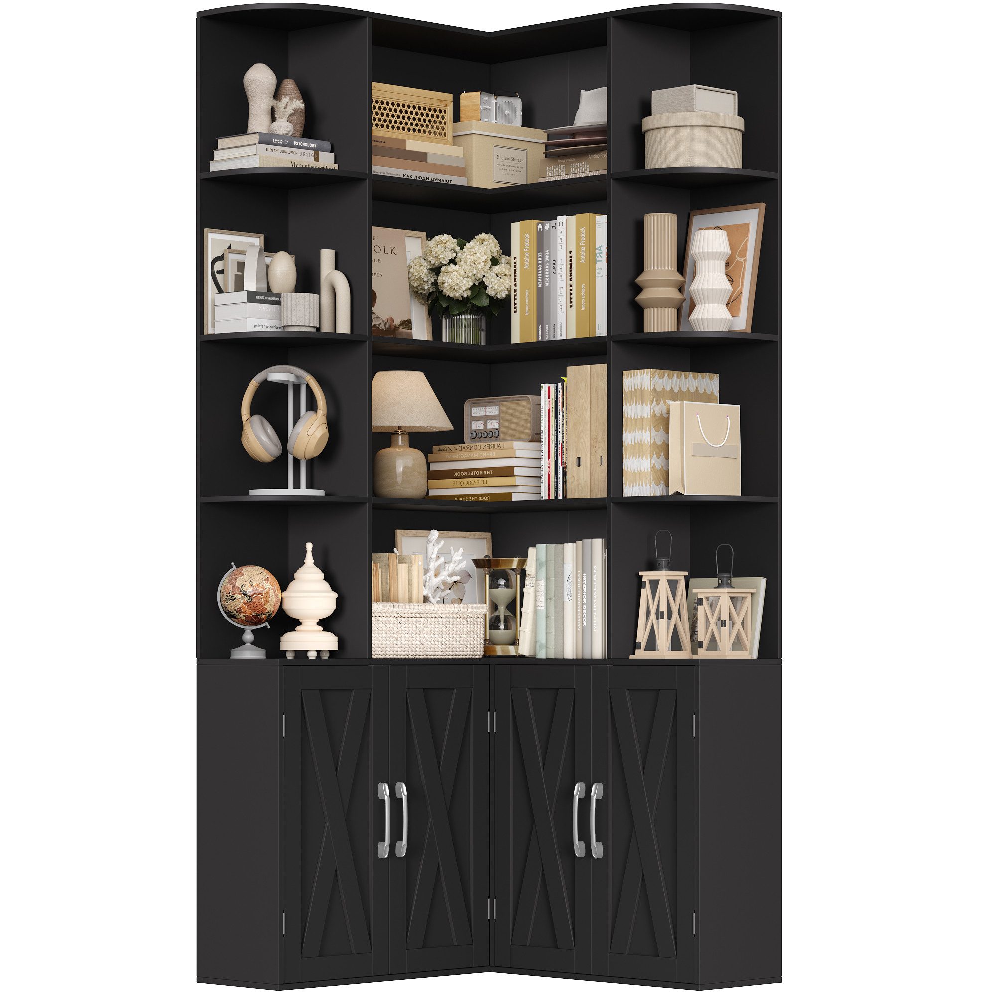Homfa Bücherregal 187 cm hoher Bücherschrank mit Türen Eckregal, Eckbücherregal Standregal L-förmiger Eckschrank 80 x 80 x 187 cm