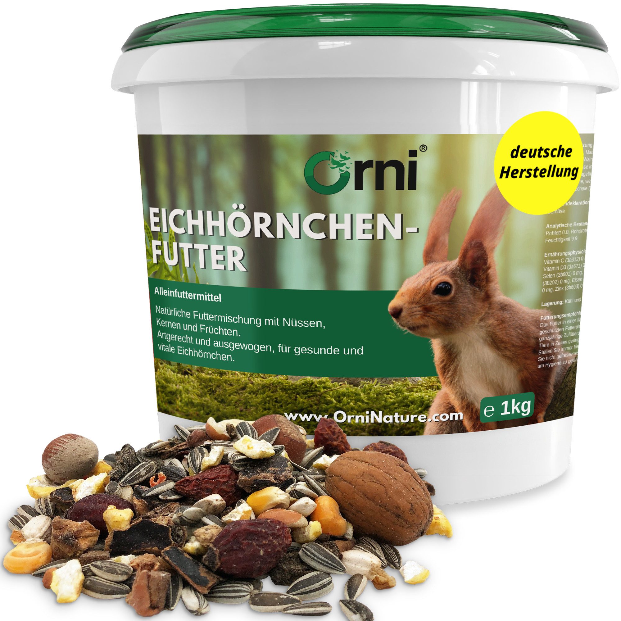 Orni Eichhörnchen Futter 1kg - Ganzjahresfutter Saaten Mischung mit Schale, Hauptfutter für: Nutz-/ Wildtier