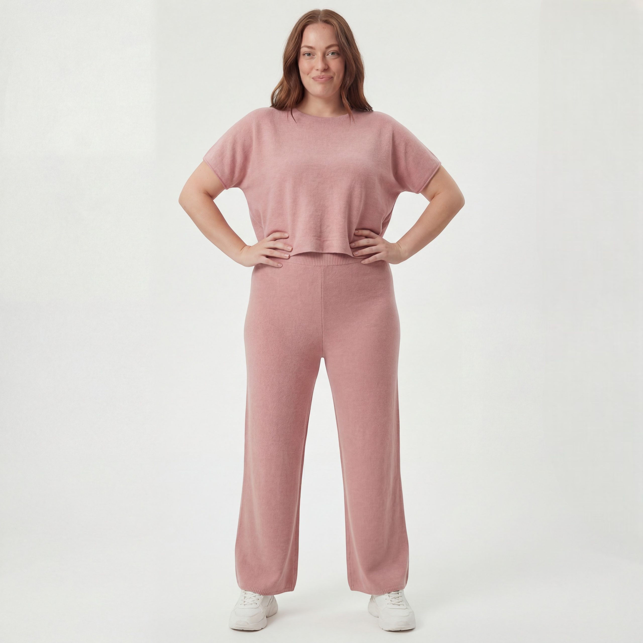 Loungeanzug Damen Feinstrick Set 2-teilig Strickhose mit Stretchbund Kurzarm Shirt
