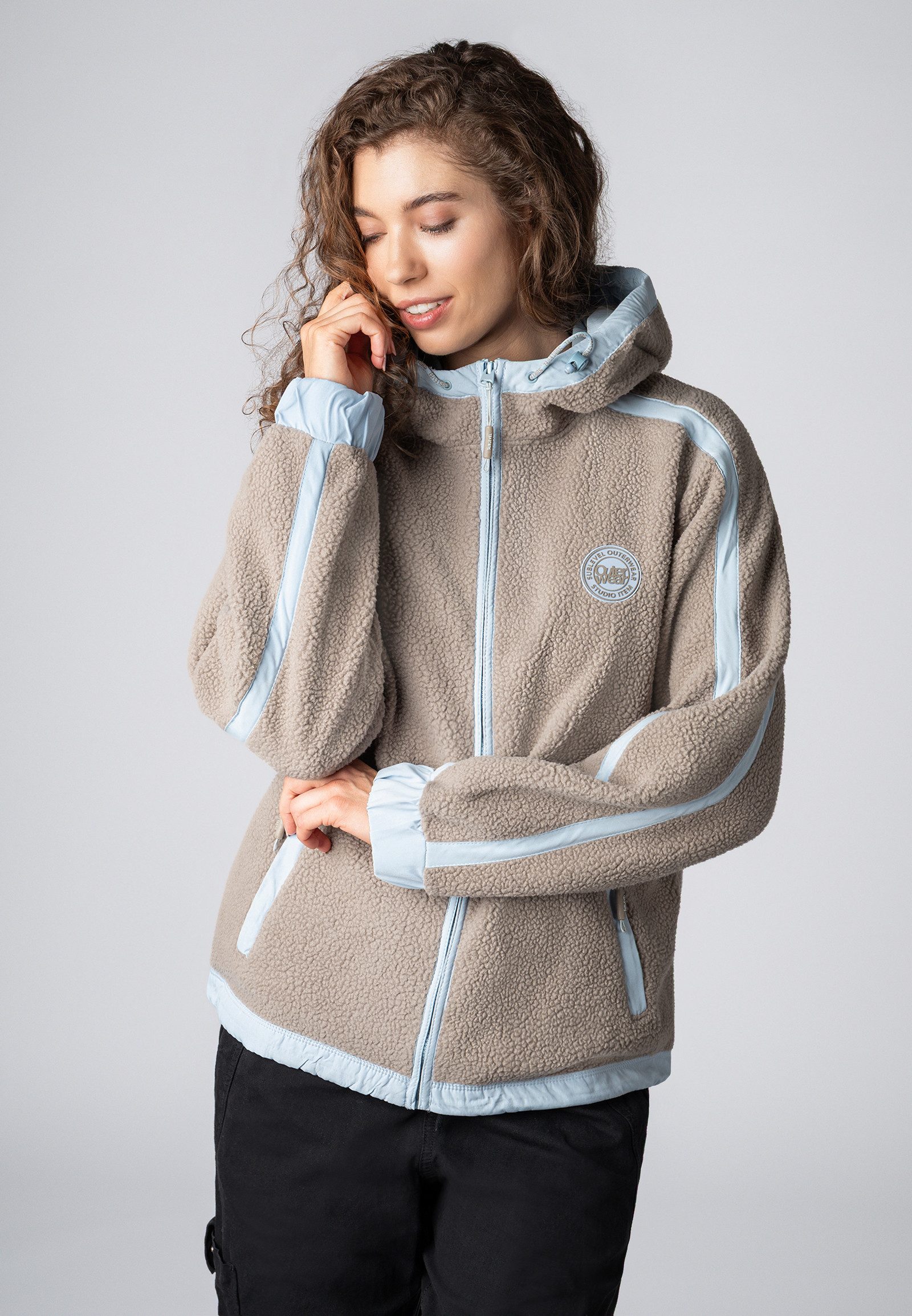 SUBLEVEL Fleecejacke Damen Teddyfleecejacke mit Kontraststreifen und Ka Out günstig online kaufen