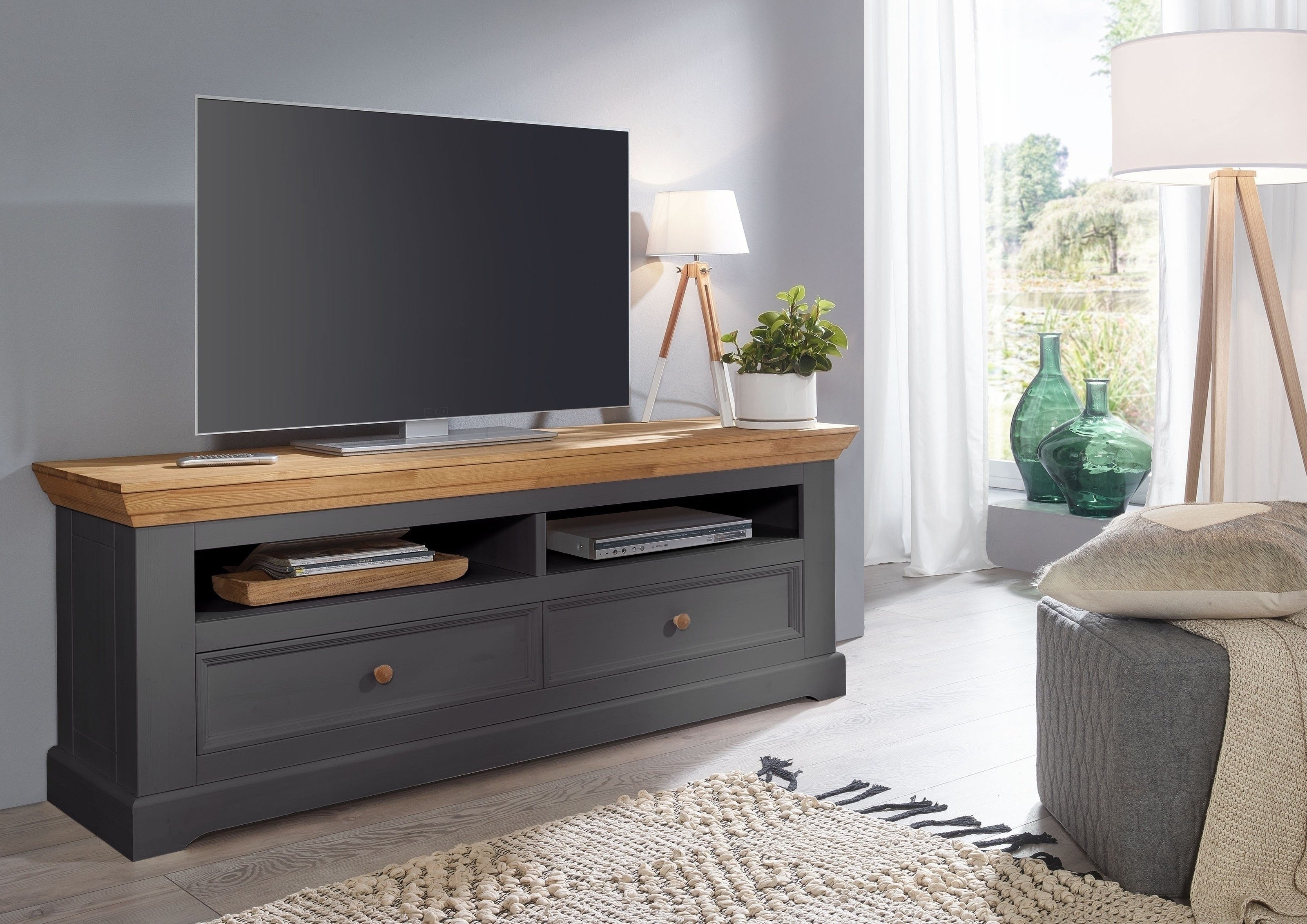 Lebenswert Wohnwand WZ-0133, (3-teilig), (3-teilig) Massivholz grau / eichefarbig - 360x214x42 (BxHxT)