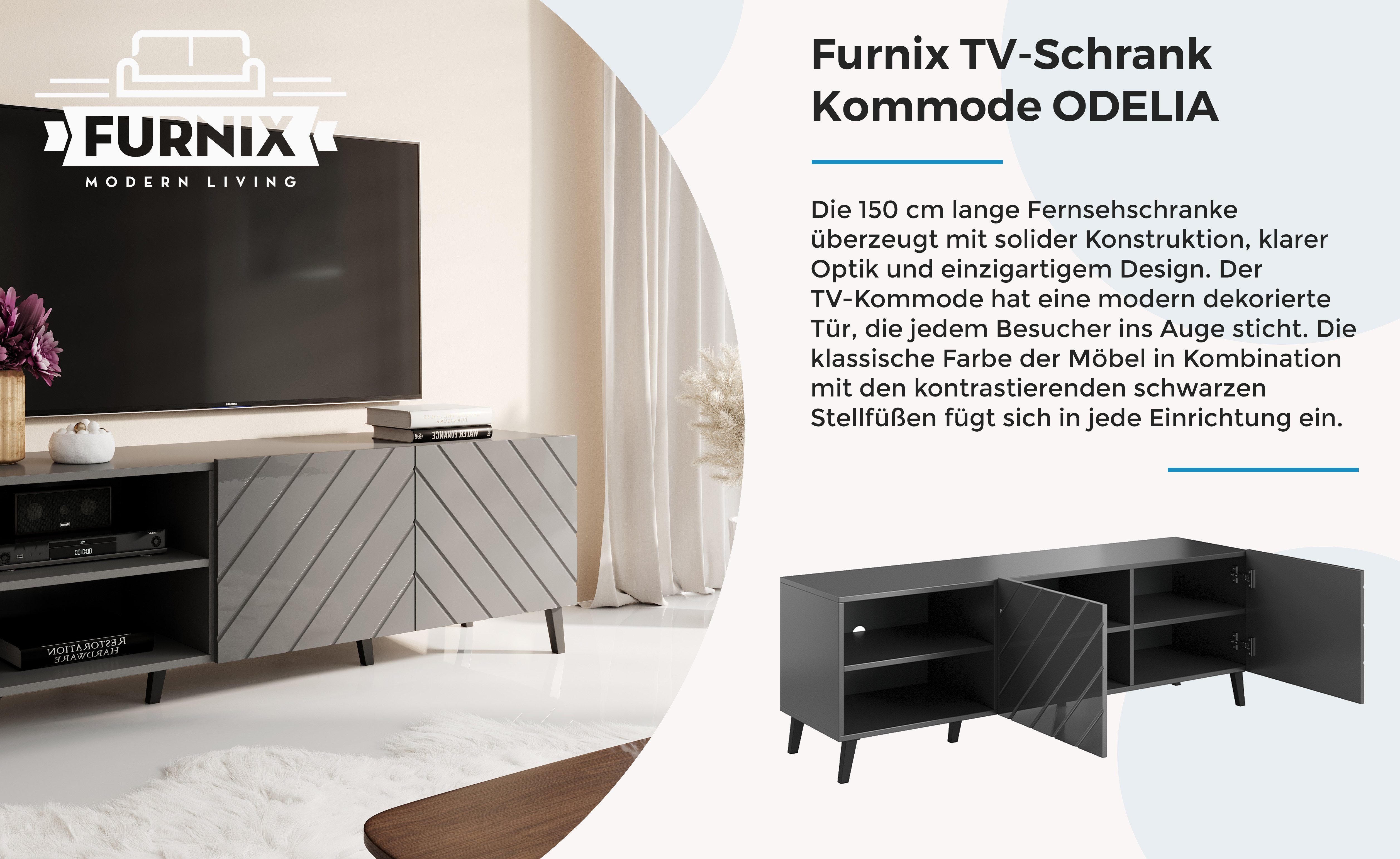 Furnix TV-Schrank ODELIA 150 Lowboard T41,6 H52 Fernsehschrank Glanz 200 Ziertüren bzw. cm mit x Graphit Auswahl B150 x