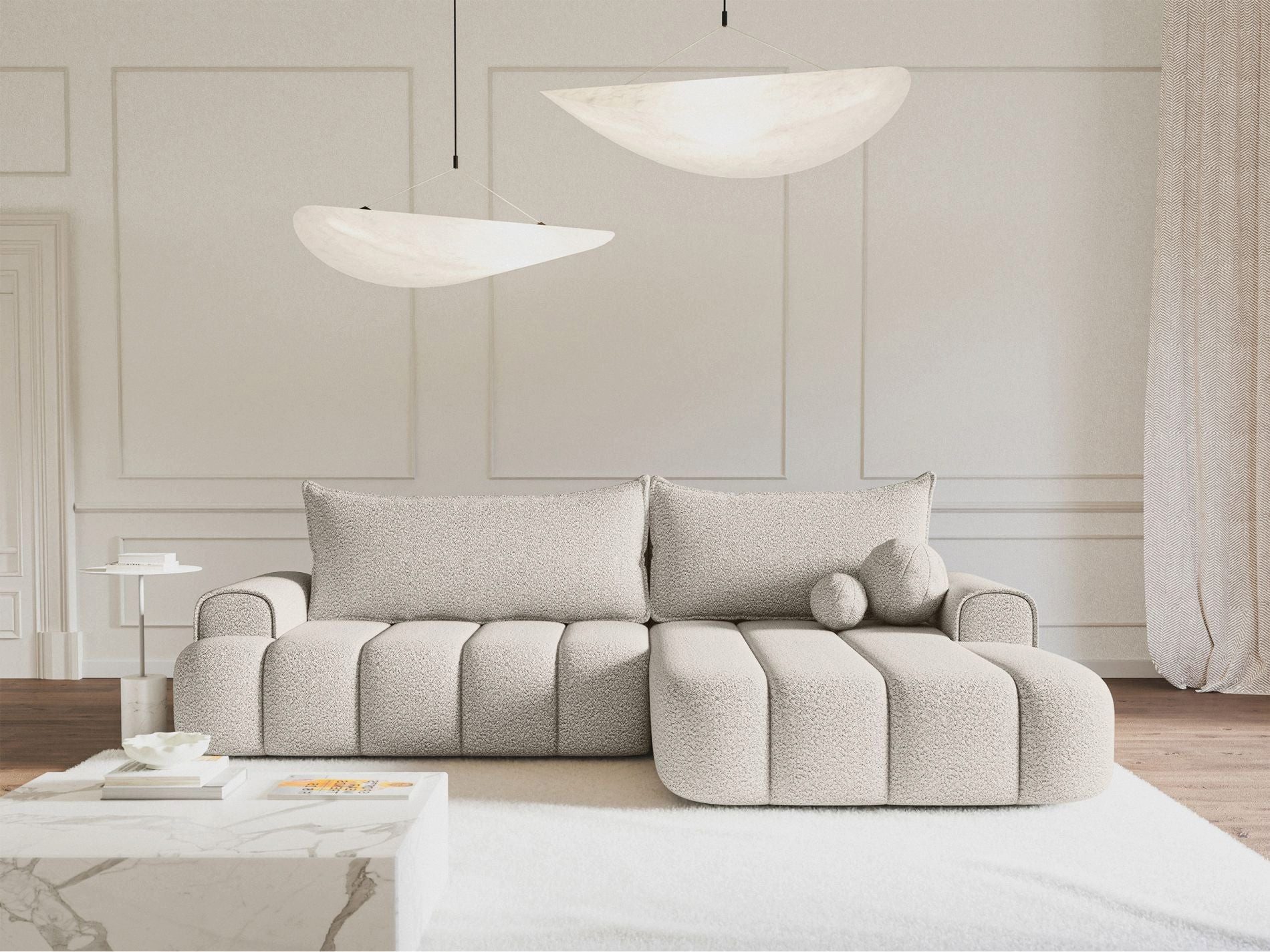 Selsey Ecksofa DANDELINO, Schlafsofa mit Bettkasten, Bezug wahlweise in Bouclé oder Samt, 275 cm
