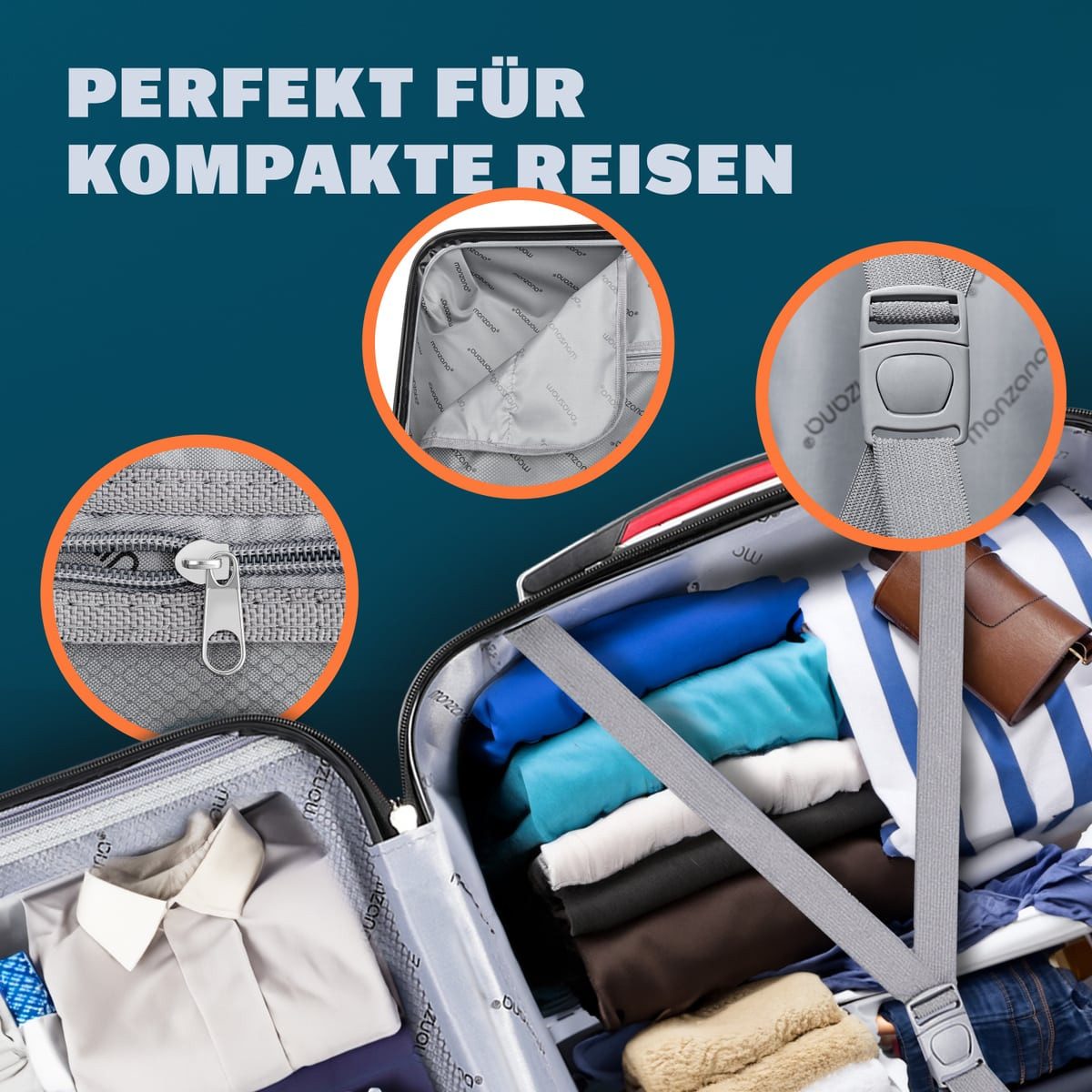 monzana Hartschalen-Trolley Baseline, 4 Rollen, Handgepäck Zahlenschloss Reisekoffer Hartschalenkoffer Trolley Silber