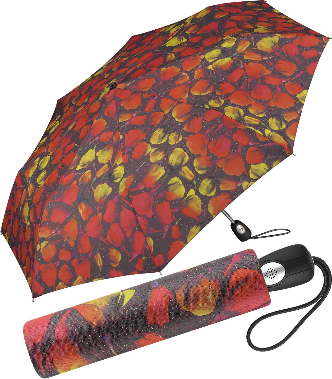 Pierre Cardin Taschenregenschirm schöner mit orangefarbenen mit Blumen-Muster Damen-Taschenschirm stilvollem Auf-Zu-Automatik