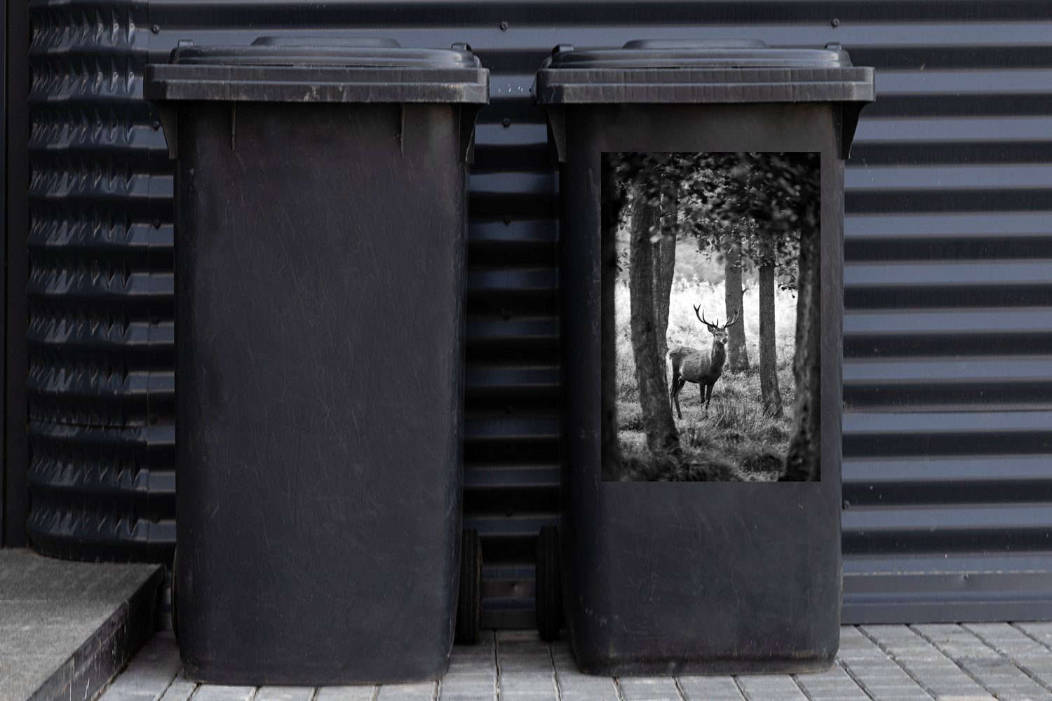 Wandsticker - Hirsche zwischen MuchoWow den (1 schwarz Sticker, Mülleimer-aufkleber, Mülltonne, weiß Abfalbehälter Bäumen und Container, St),