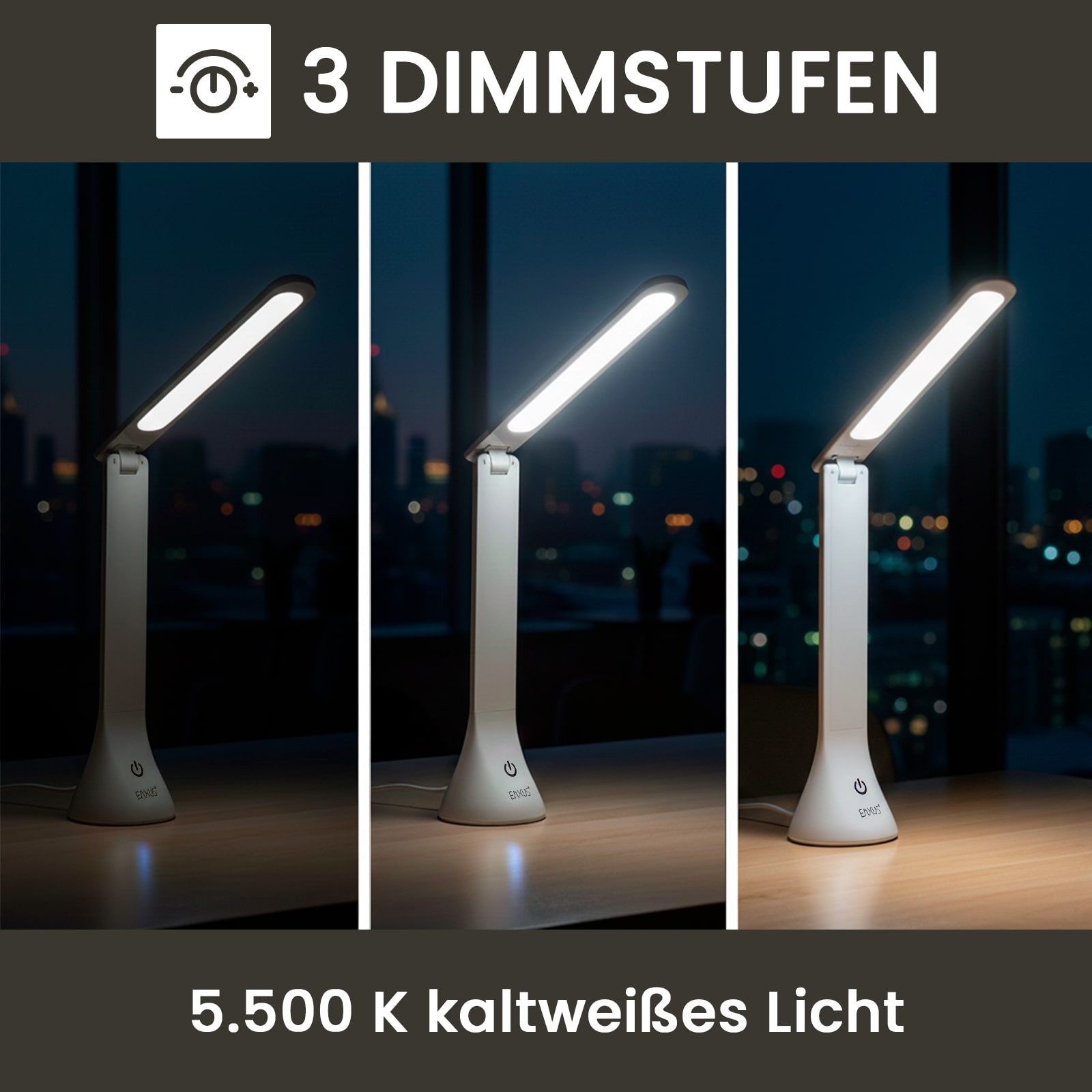 EAXUS LED Schreibtischlampe Moderne Touch Tischleuchte mit 3 Helligkeitsstufen, LED fest integriert, Tageslichtweiß, Stromversorgung über USB oder Batterien