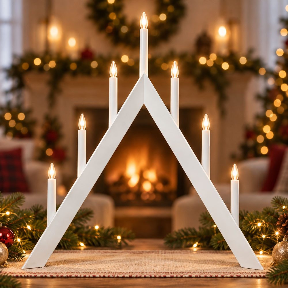 EGLO LED Dekolicht, Leuchtmittel inklusive, Warmweiß, LED Kerzenständer Pyramide Holz Weiß warmweiß Kabelschalter H 64,5 cm