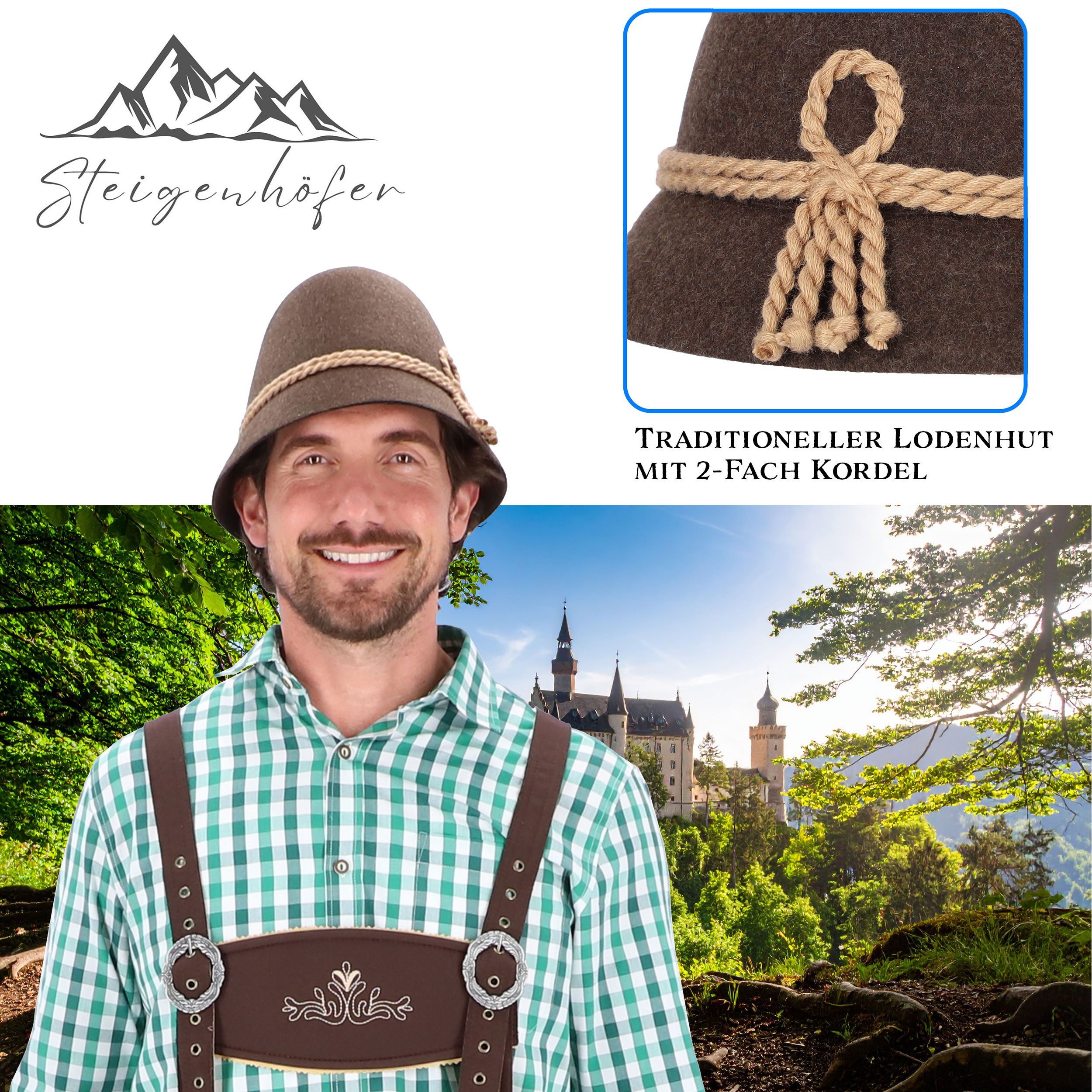 Steigenhöfer Manufaktur Trachtenhut Herren Heinrich - bayrischer Wanderhut Stopselhut aus 100% Schurwolle Schmale Krempe & Kordel - 2-Fach Kordel - Ideal fürs Oktoberfest