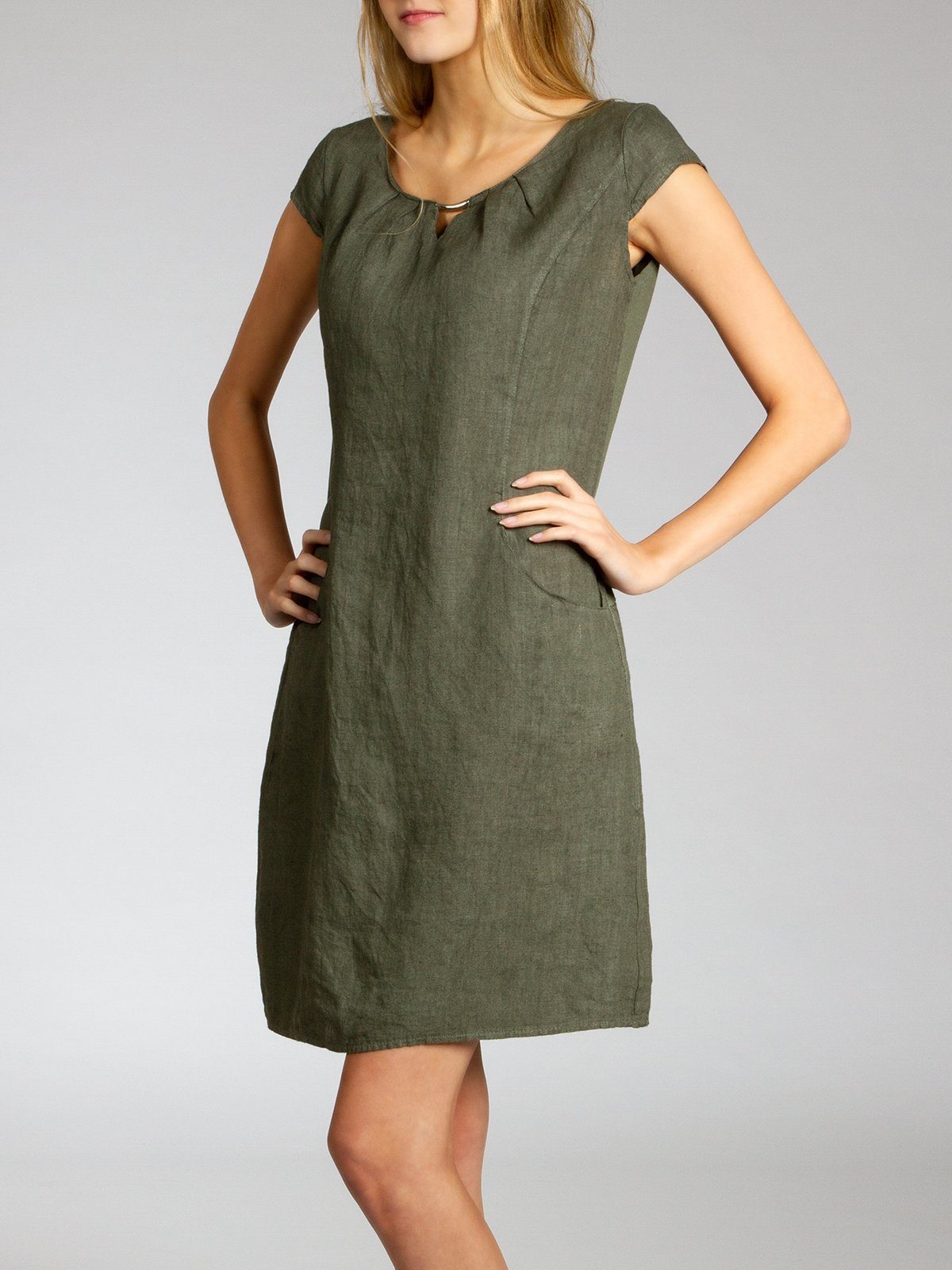 Sommerkleid SKL020 knielanges Damen Sommer Leinenkleid mit eleganter Metallspange
