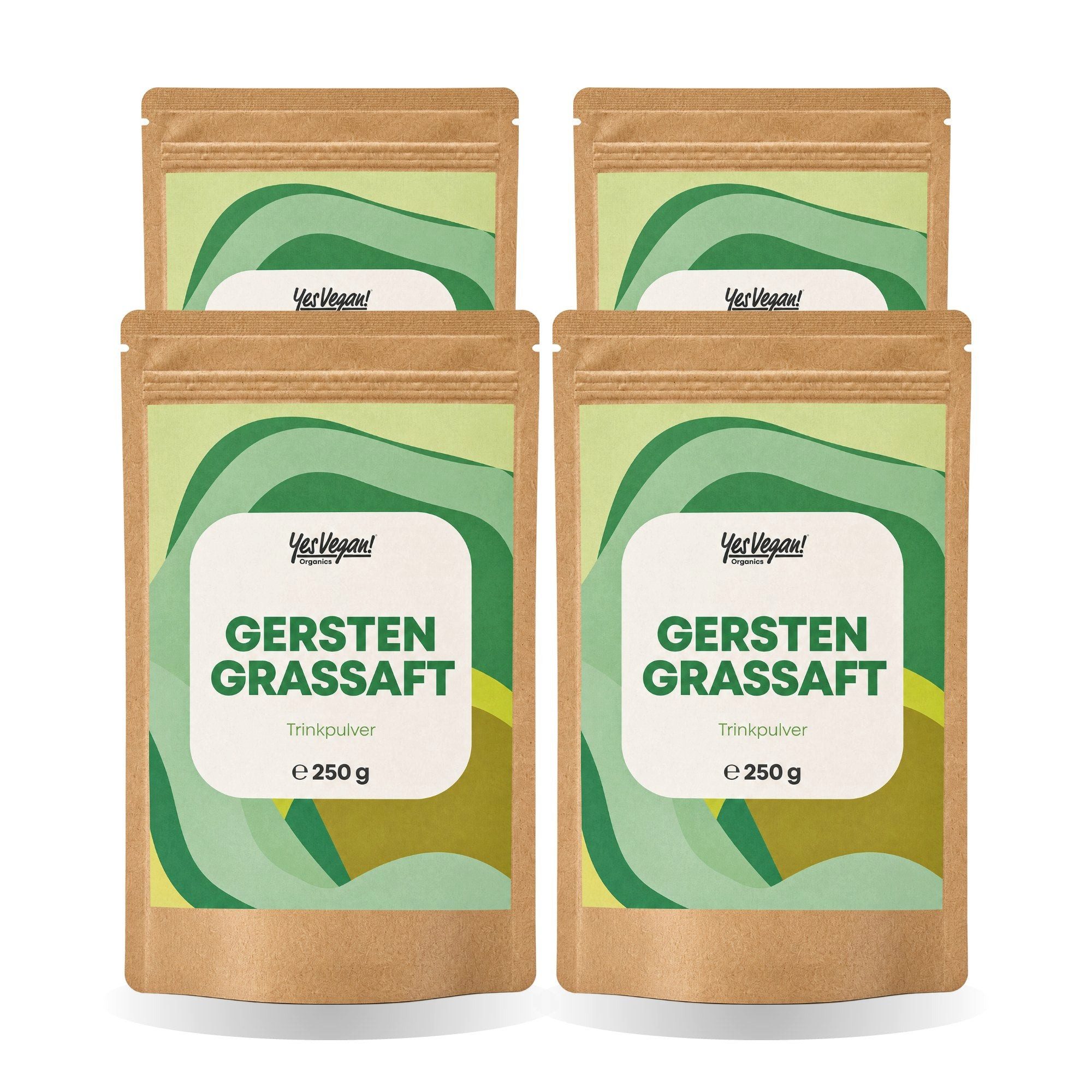 Yes Vegan Gerstengrassaft 100 % sortenrein, aus junger Gerste Pulver, 4 er Spar-Set à 250 g, vegan, laktosefrei