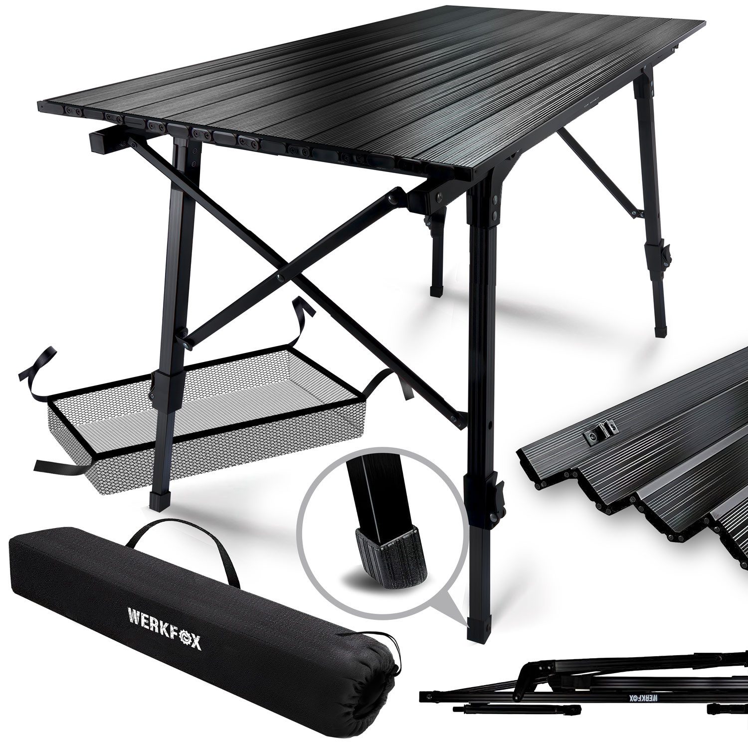 Goods+Gadgets Campingtisch Aluminium Campingtisch – Leicht, faltbar & wetterfest mit Tragetasche (Klappbarer Multifunktionstisch, mit aufrollbarer Tischplatte), & Tragetasche