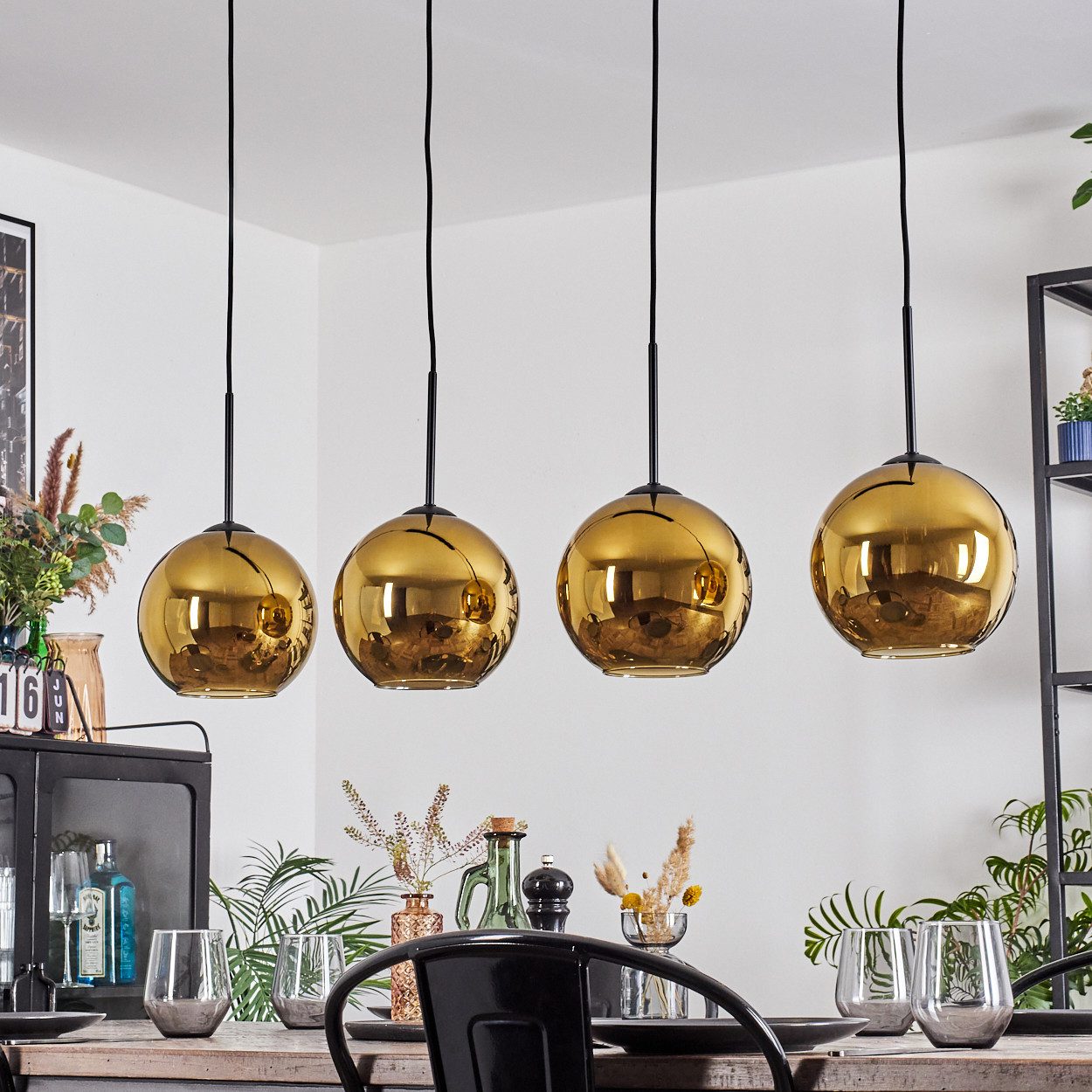 hofstein Hängeleuchte Hängelampe aus Metall/Glas in Schwarz/Goldfarben, Hängeleuchte im modernen Retro/Vintage-Design (15 cm), 4 x E27